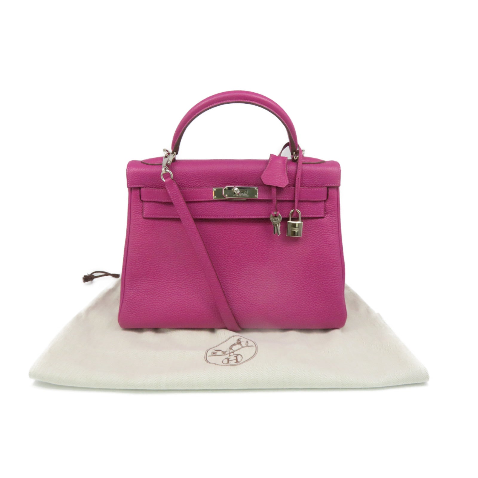 HERMES Togo Leather Kelly 32 2Way Hand Bag Silver Buckle Handle Shoulder Backpack Tosca Fuchsia
