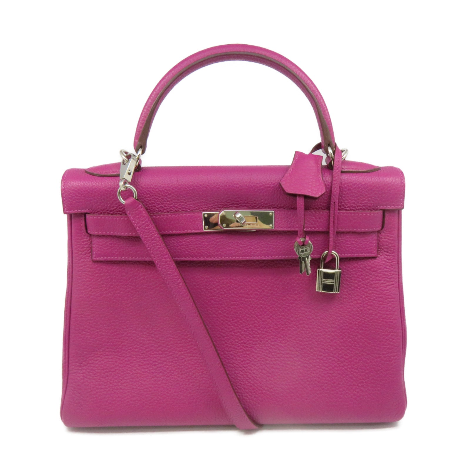 HERMES Togo Leather Kelly 32 2Way Hand Bag Silver Buckle Handle Shoulder Backpack Tosca Fuchsia