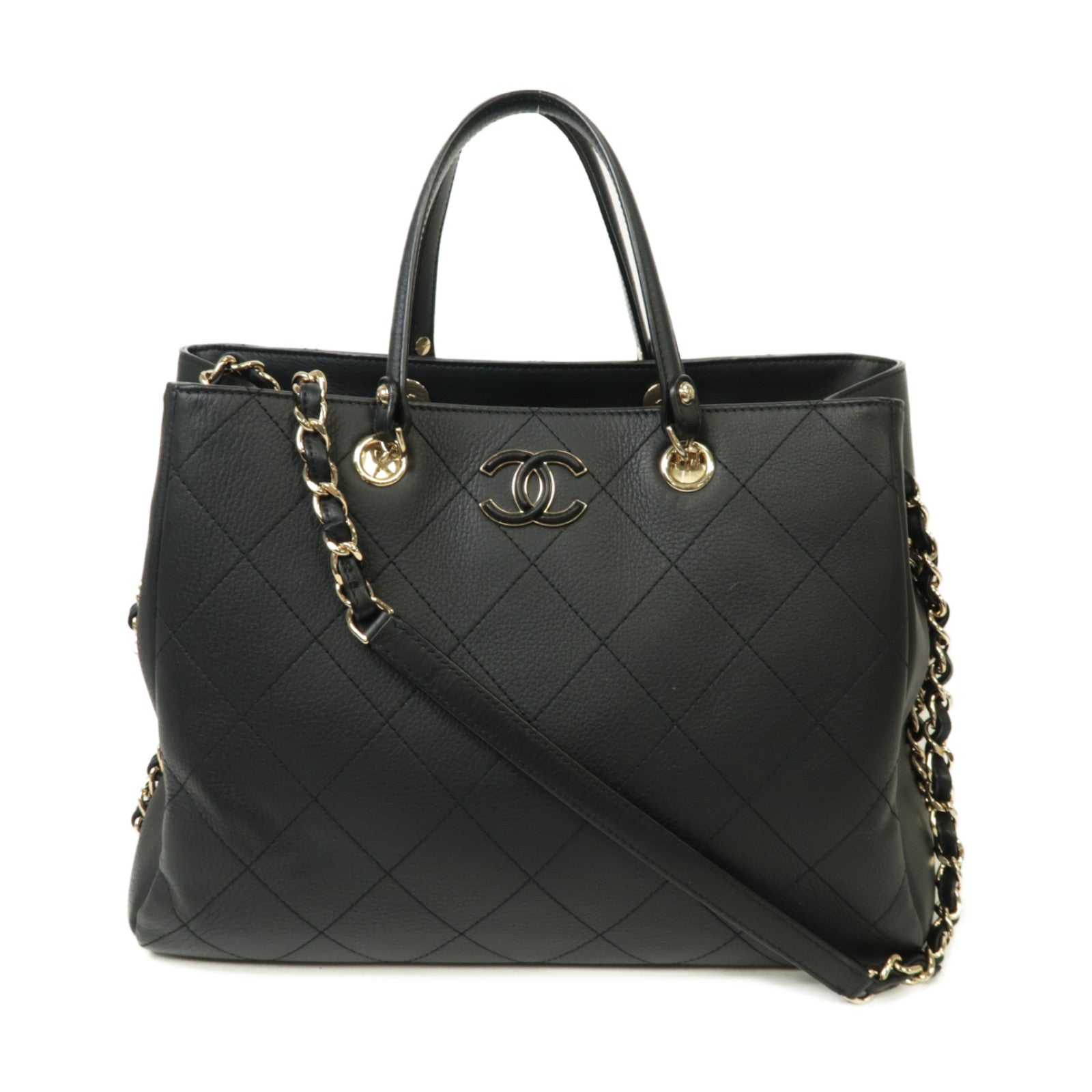 CHANEL 菱格牛皮皮革2way Shoulder Bag金扣手挽肩背兩用袋黒色