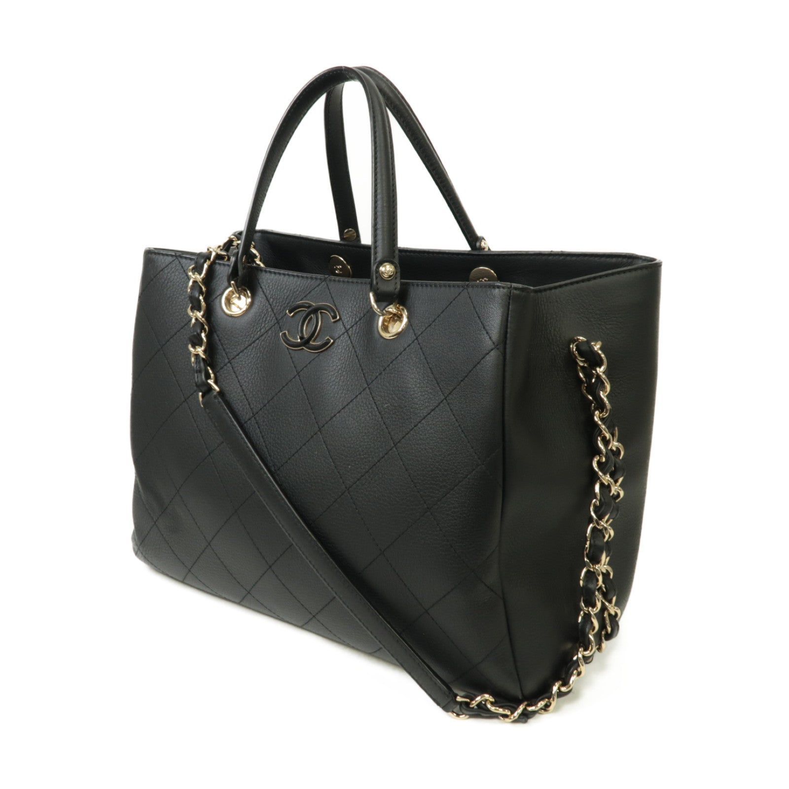 CHANEL 菱格牛皮皮革2way Shoulder Bag金扣手挽肩背兩用袋黒色