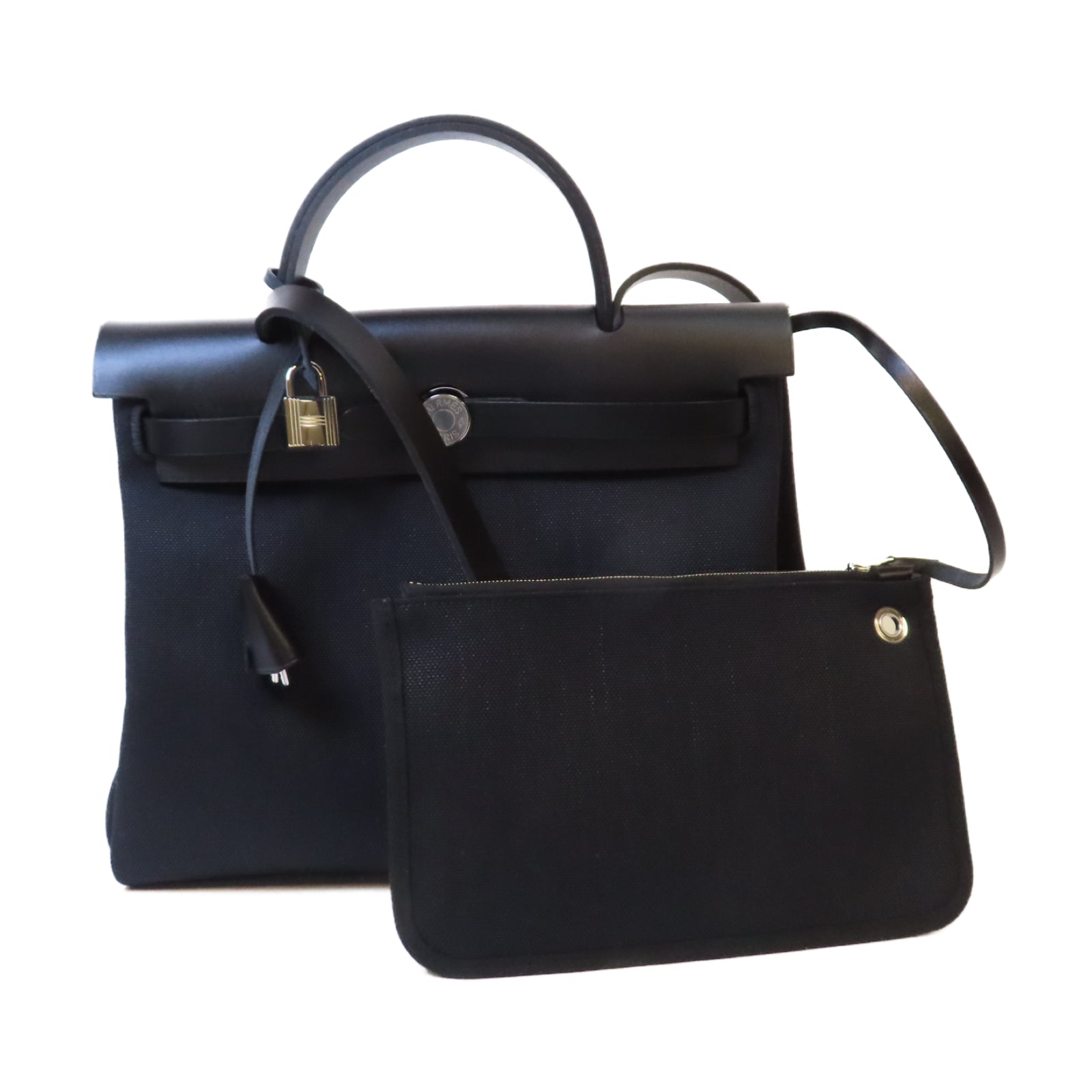 HERMES 帆布Herbag PM銀扣手挽肩背兩用袋Noir黑色