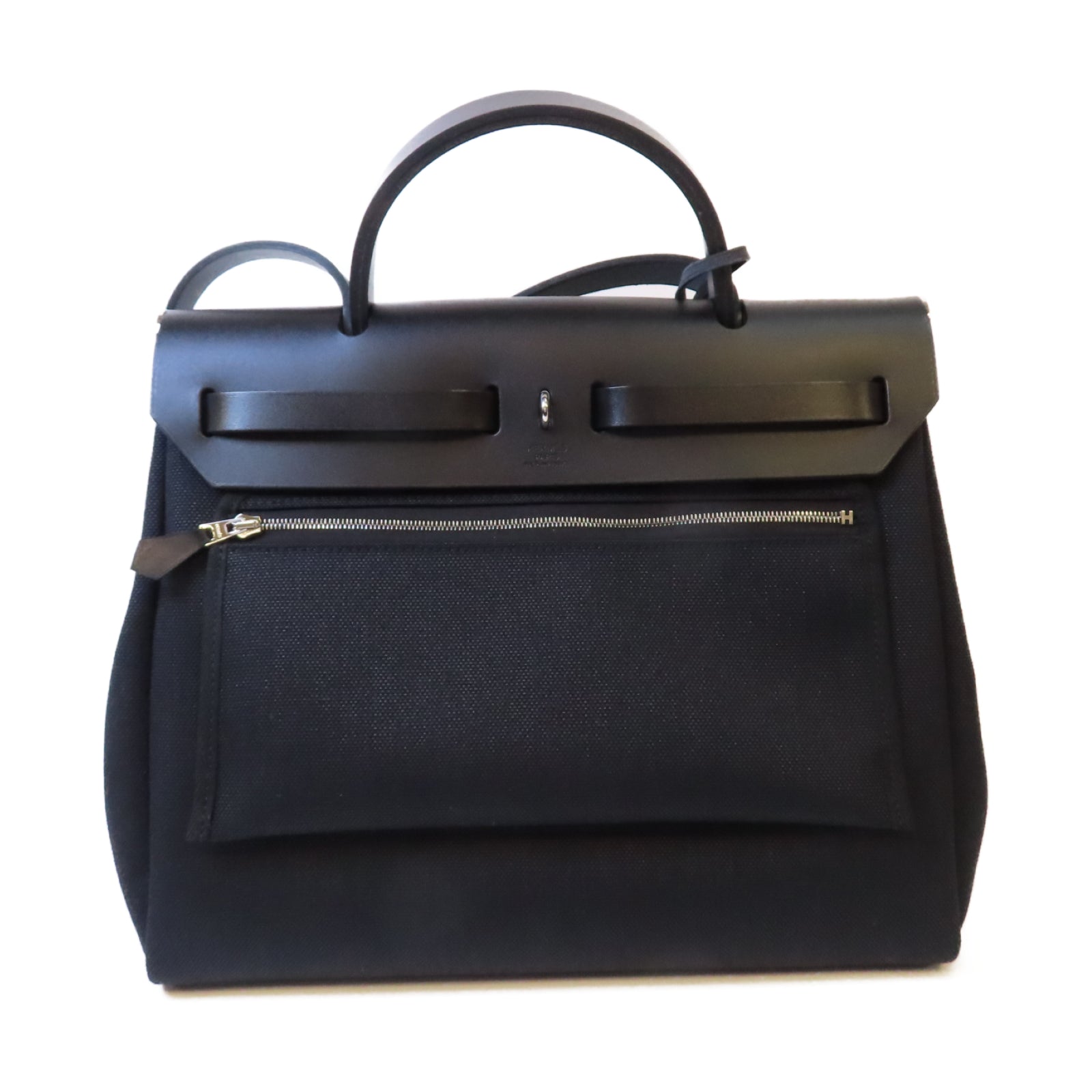 HERMES 帆布Herbag PM銀扣手挽肩背兩用袋Noir黑色