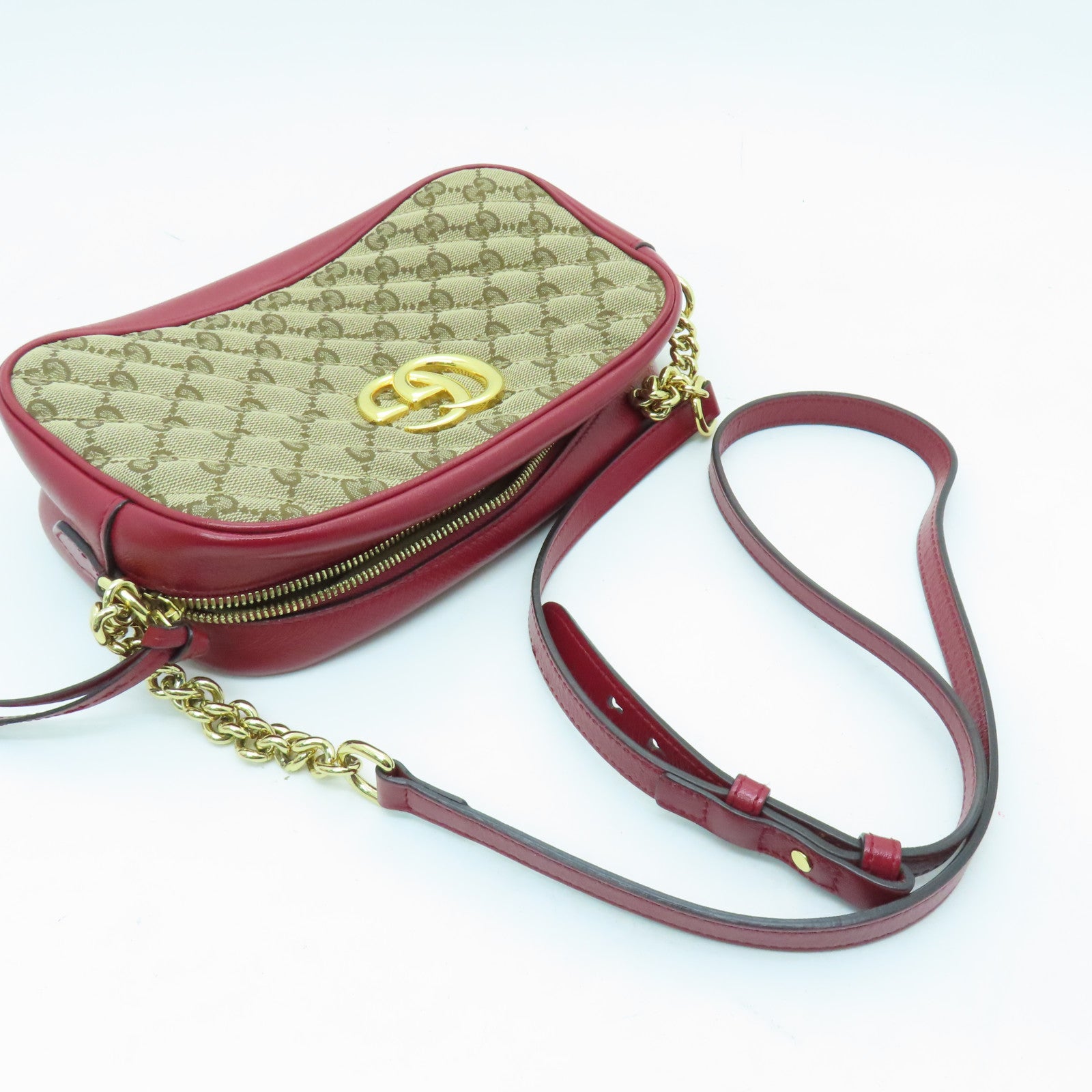 GUCCI Canvas GG Marmont Gold Buckle Shoulder Bag Red/Brown