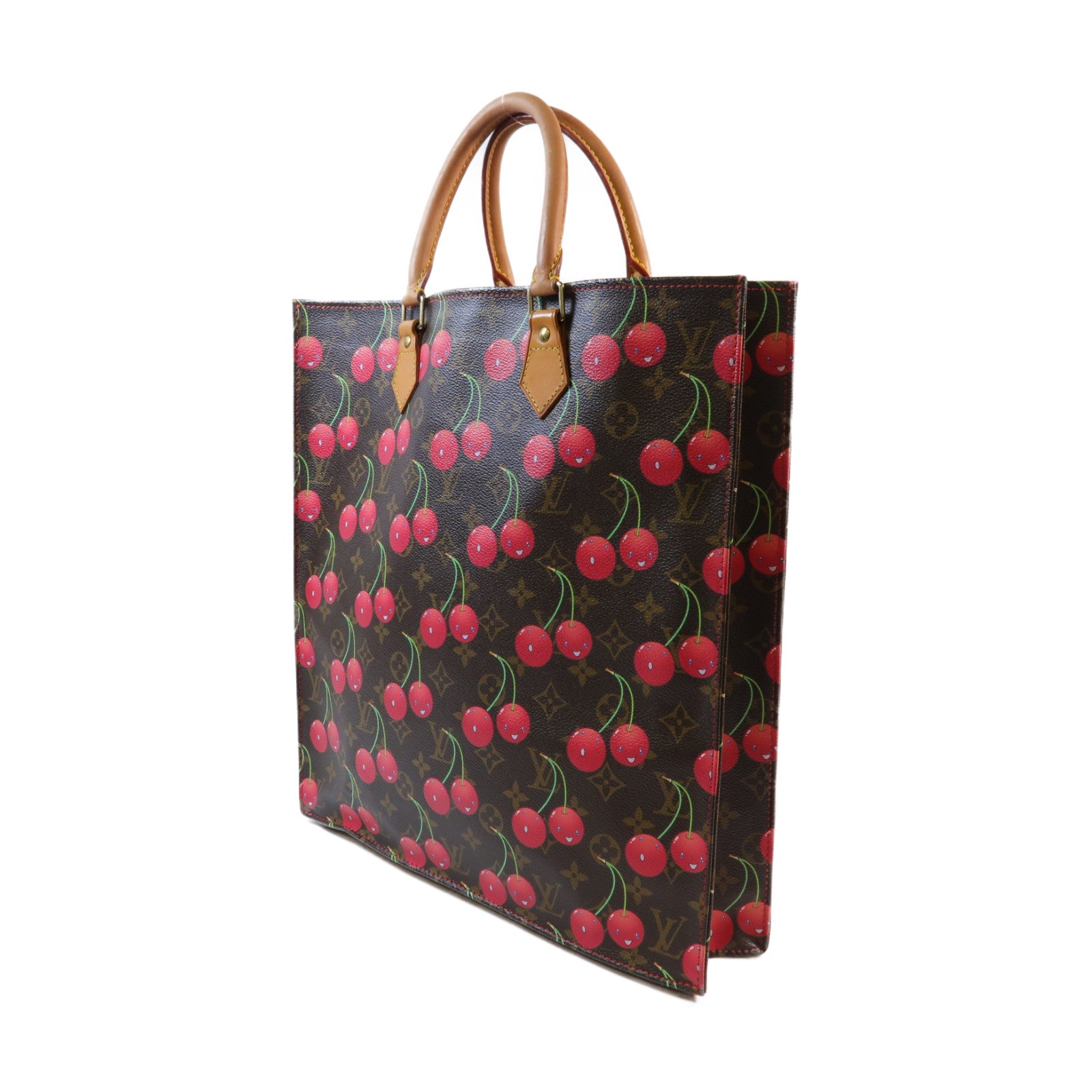 LOUIS VUITTON Monogram Sac Plat Cherry金扣手挽袋啡色/紅色