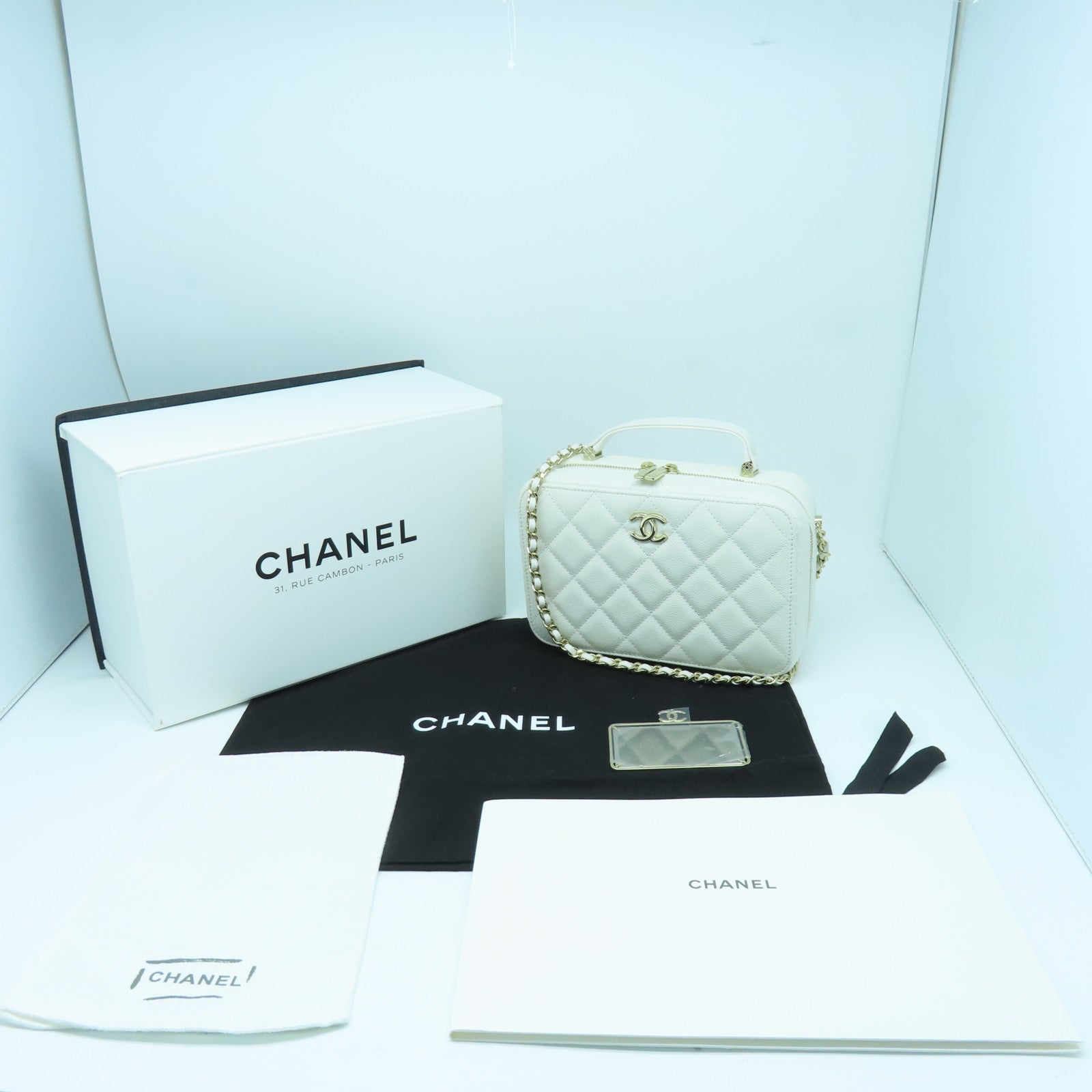CHANEL 菱格Caviar皮革2way Shoulder bag金扣手挽肩背兩用袋白色
