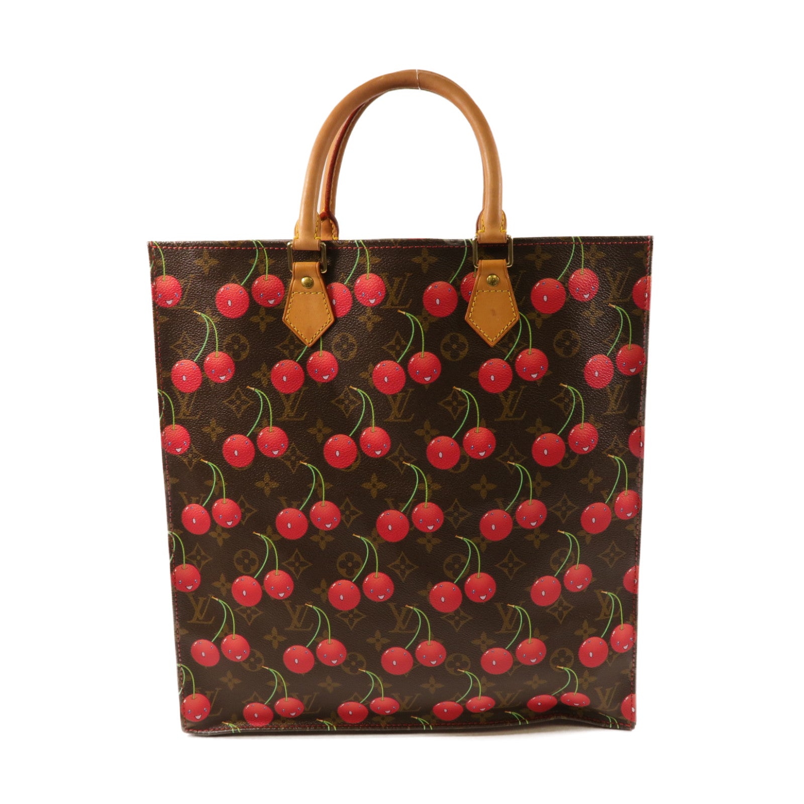 LOUIS VUITTON Monogram Sac Plat Cherry金扣手挽袋啡色/紅色