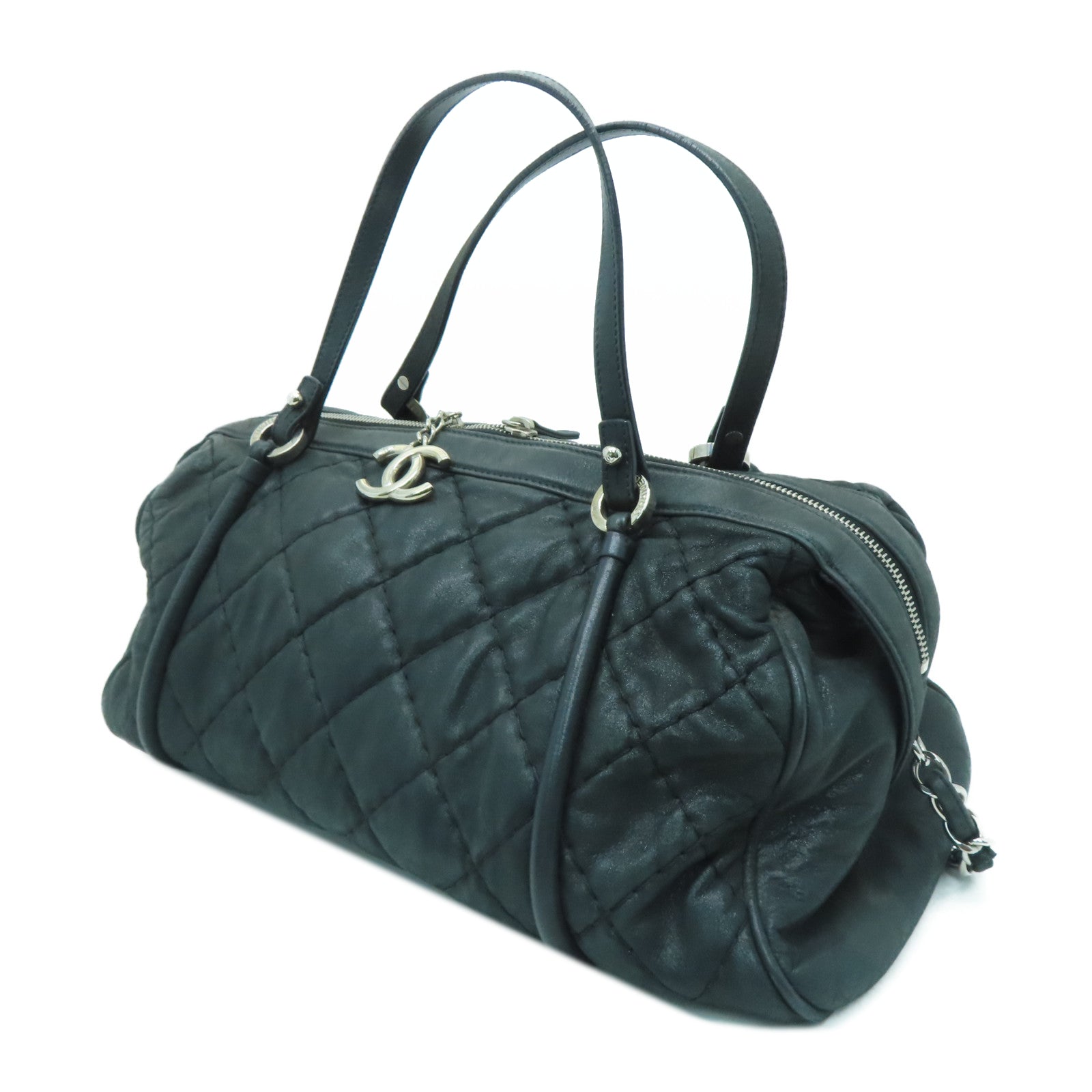 CHANEL 【激減優惠】菱格牛皮皮革Chain Shoulder銀扣手挽肩背兩用袋黑色