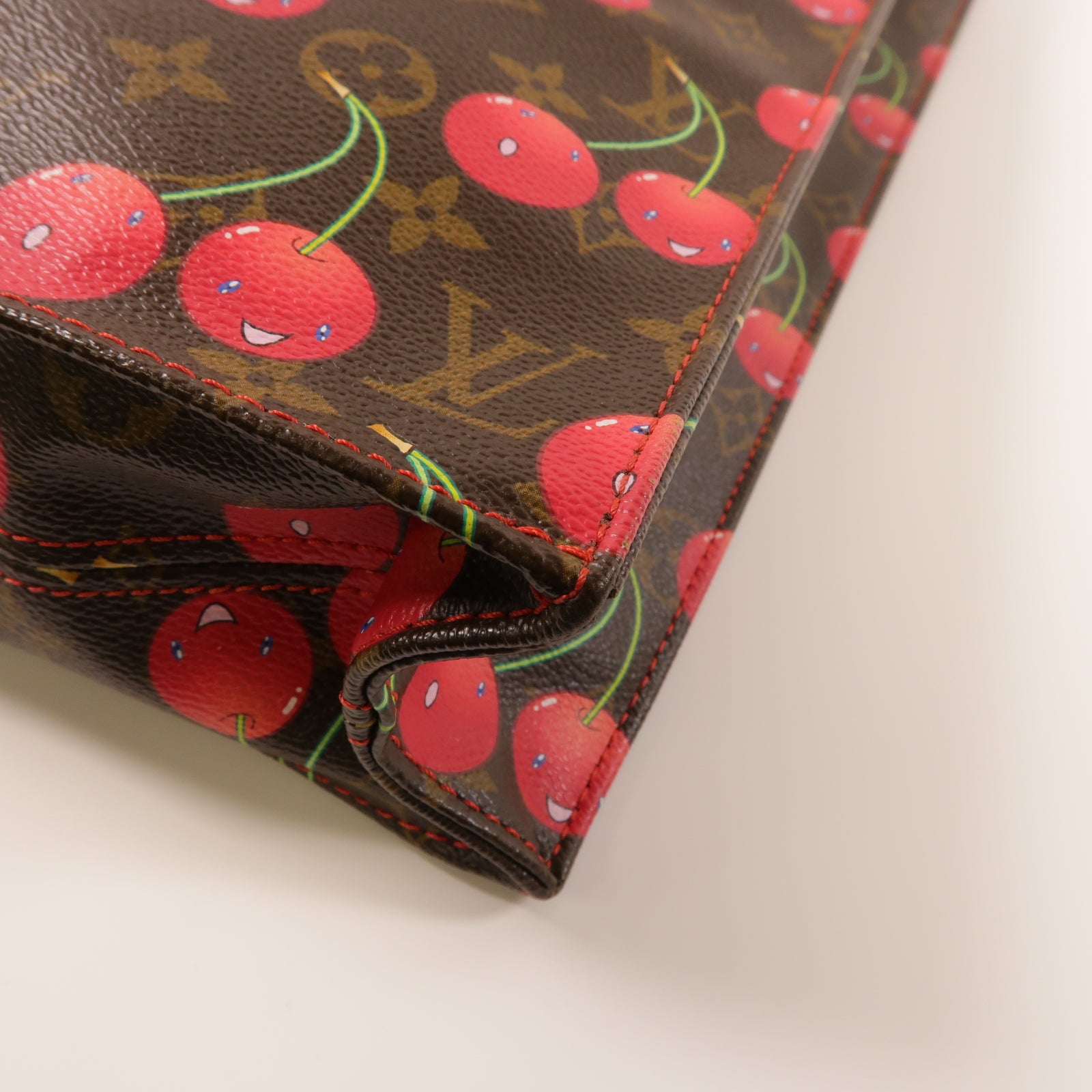 LOUIS VUITTON Monogram Sac Plat Cherry金扣手挽袋啡色/紅色
