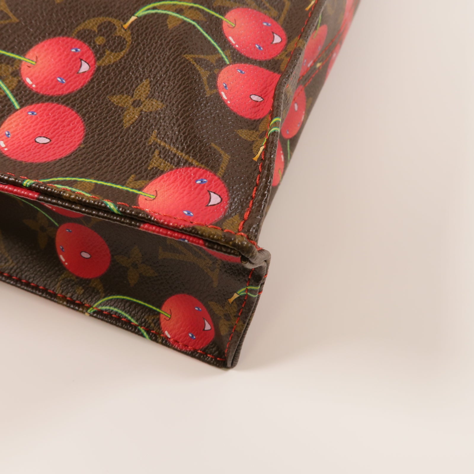 LOUIS VUITTON Monogram Sac Plat Cherry金扣手挽袋啡色/紅色