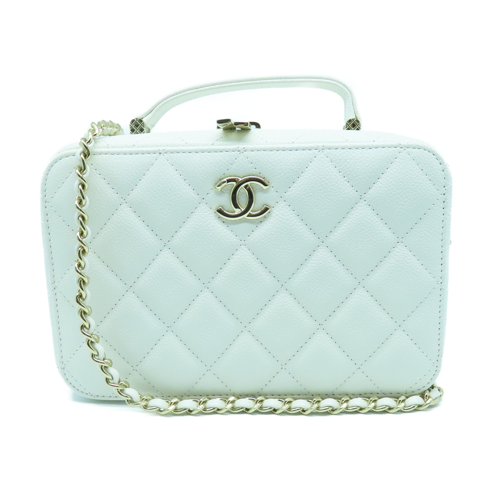 CHANEL 菱格Caviar皮革2way Shoulder bag金扣手挽肩背兩用袋白色