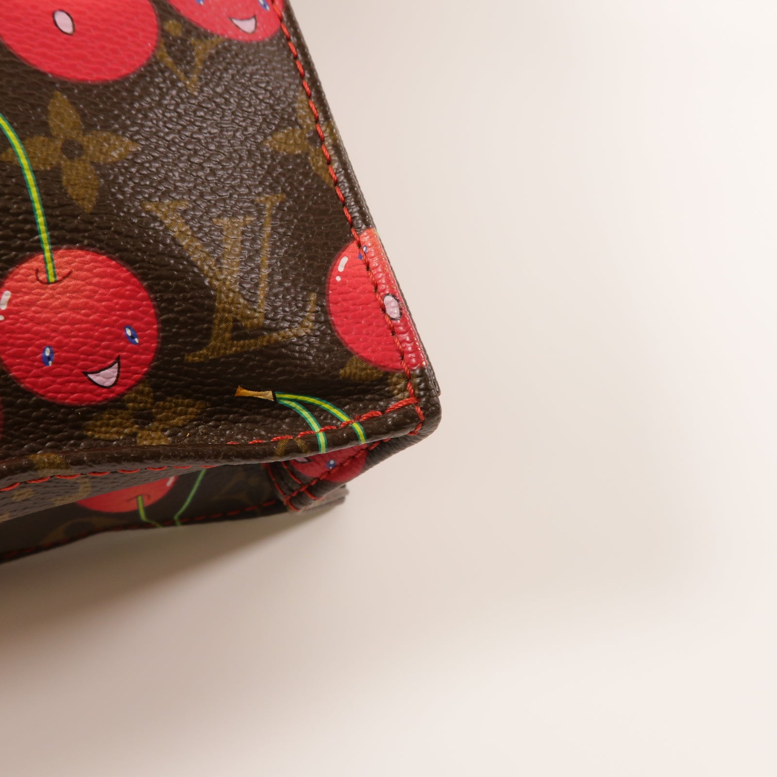 LOUIS VUITTON Monogram Sac Plat Cherry金扣手挽袋啡色/紅色