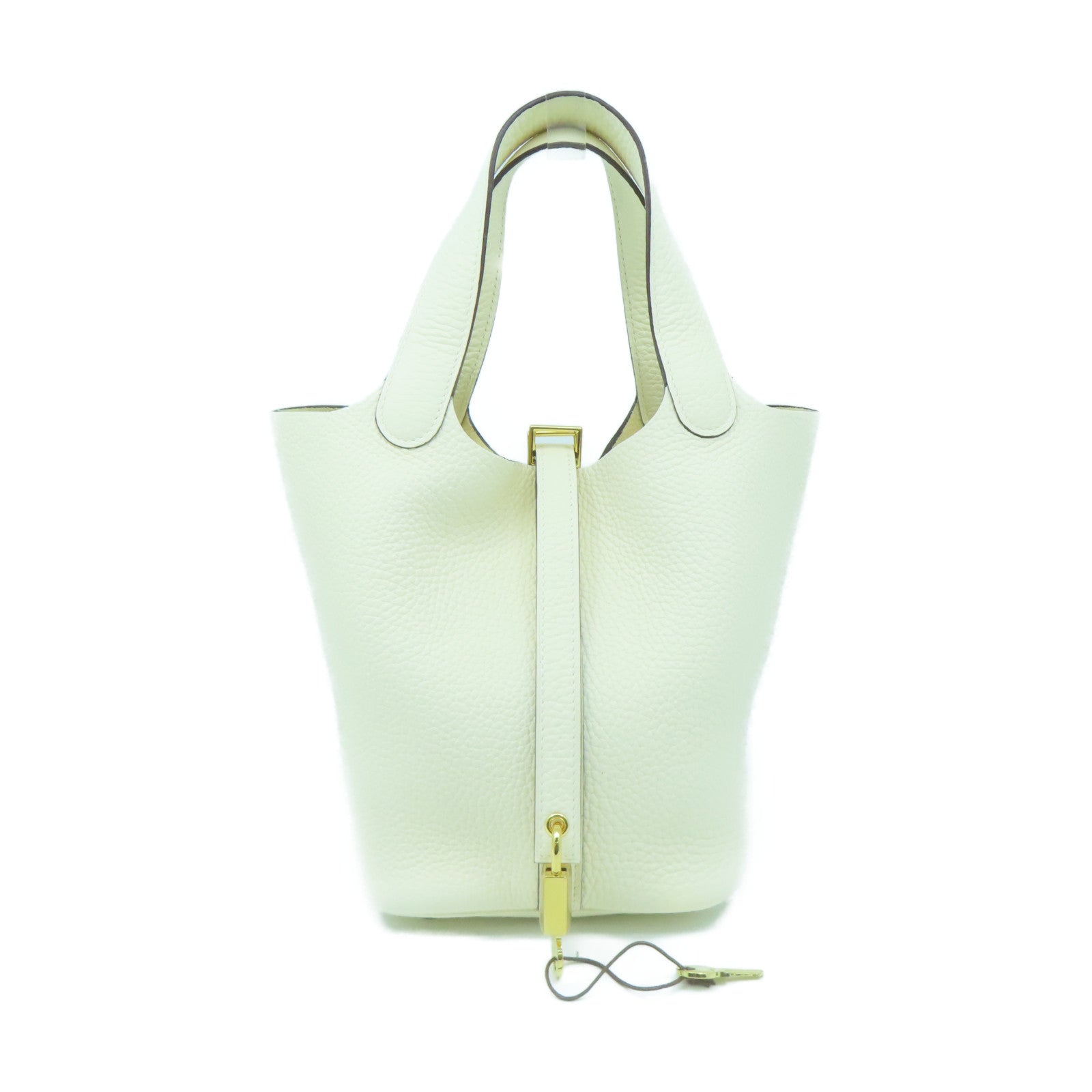 HERMES Taurillon Clemence Leather Picotin PM Gold Buckle Handle Bag White