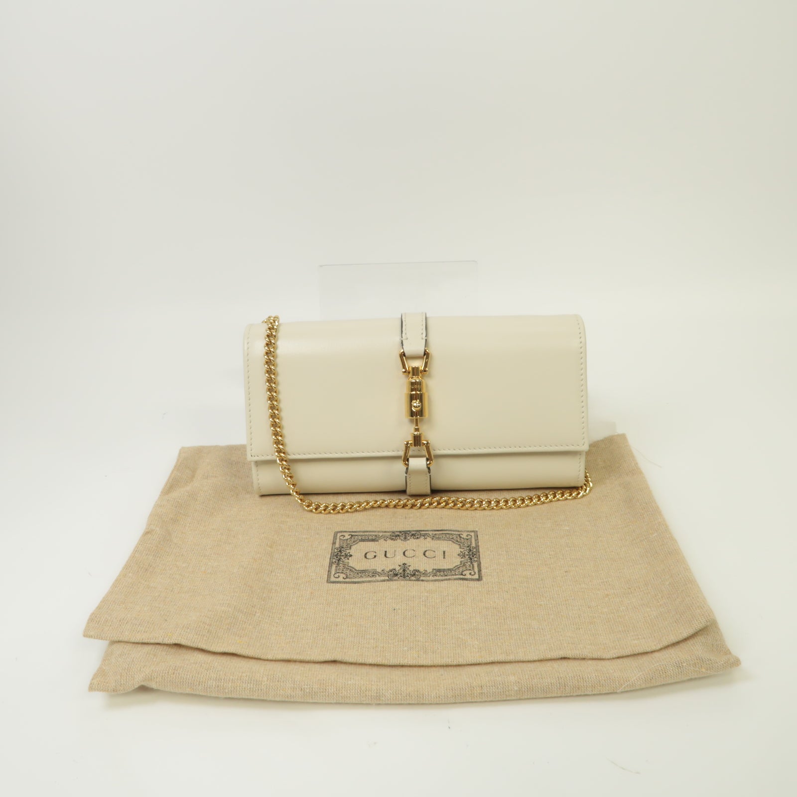 GUCCI 牛皮皮革Wallet On Chain Shoulder Bag金扣鏈帶肩背袋白色
