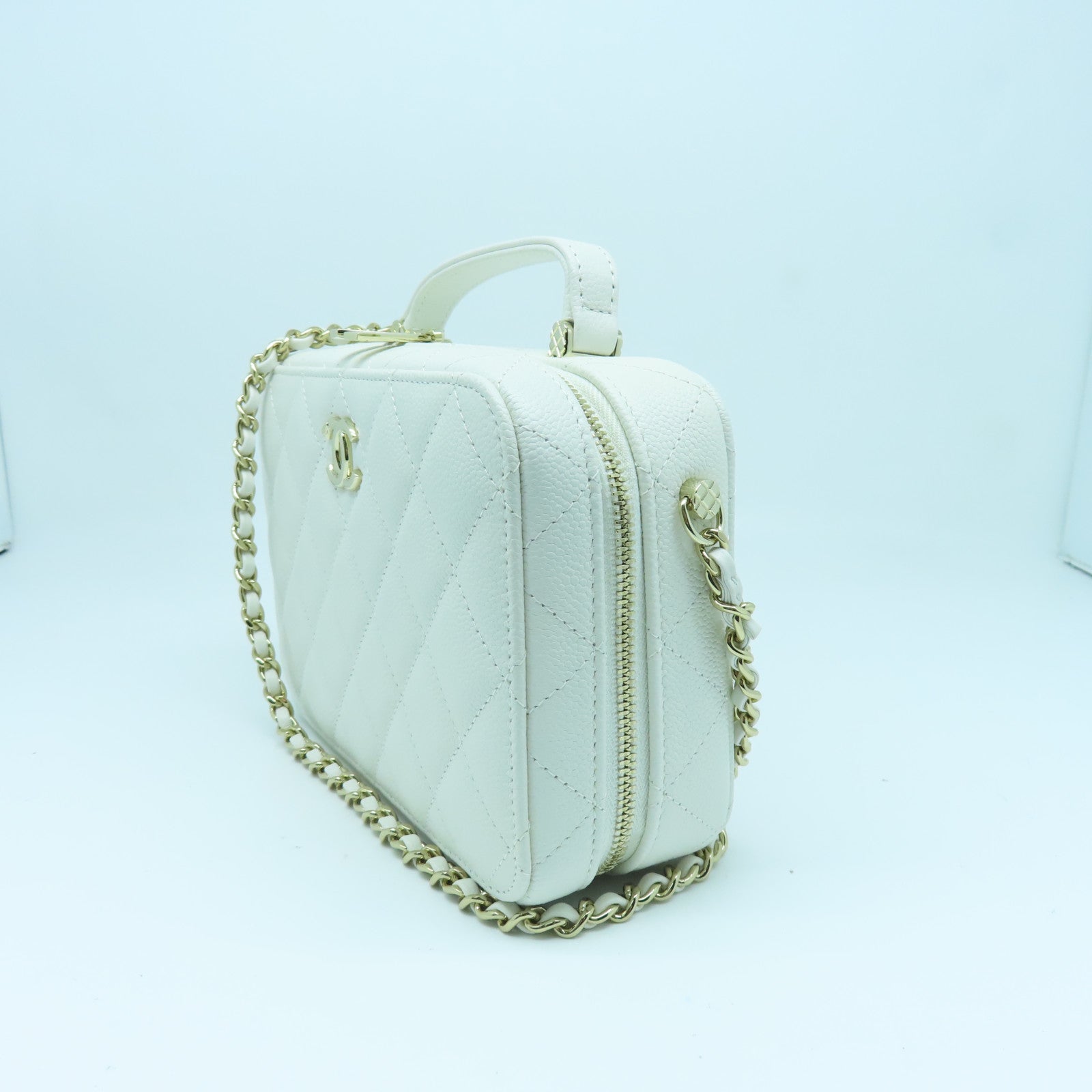 CHANEL 菱格Caviar皮革2way Shoulder bag金扣手挽肩背兩用袋白色