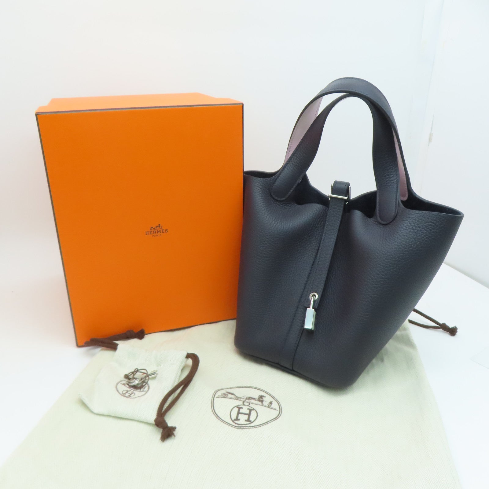 HERMES Taurillon Clemence Leather Picotin PM Gold Buckle Handle Bag Navy Black/Light Lilac