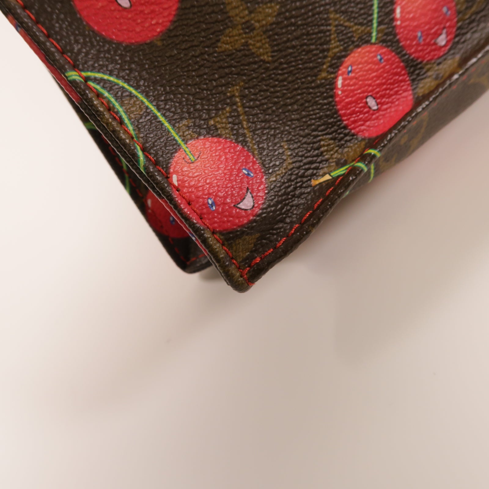 LOUIS VUITTON Monogram Sac Plat Cherry金扣手挽袋啡色/紅色