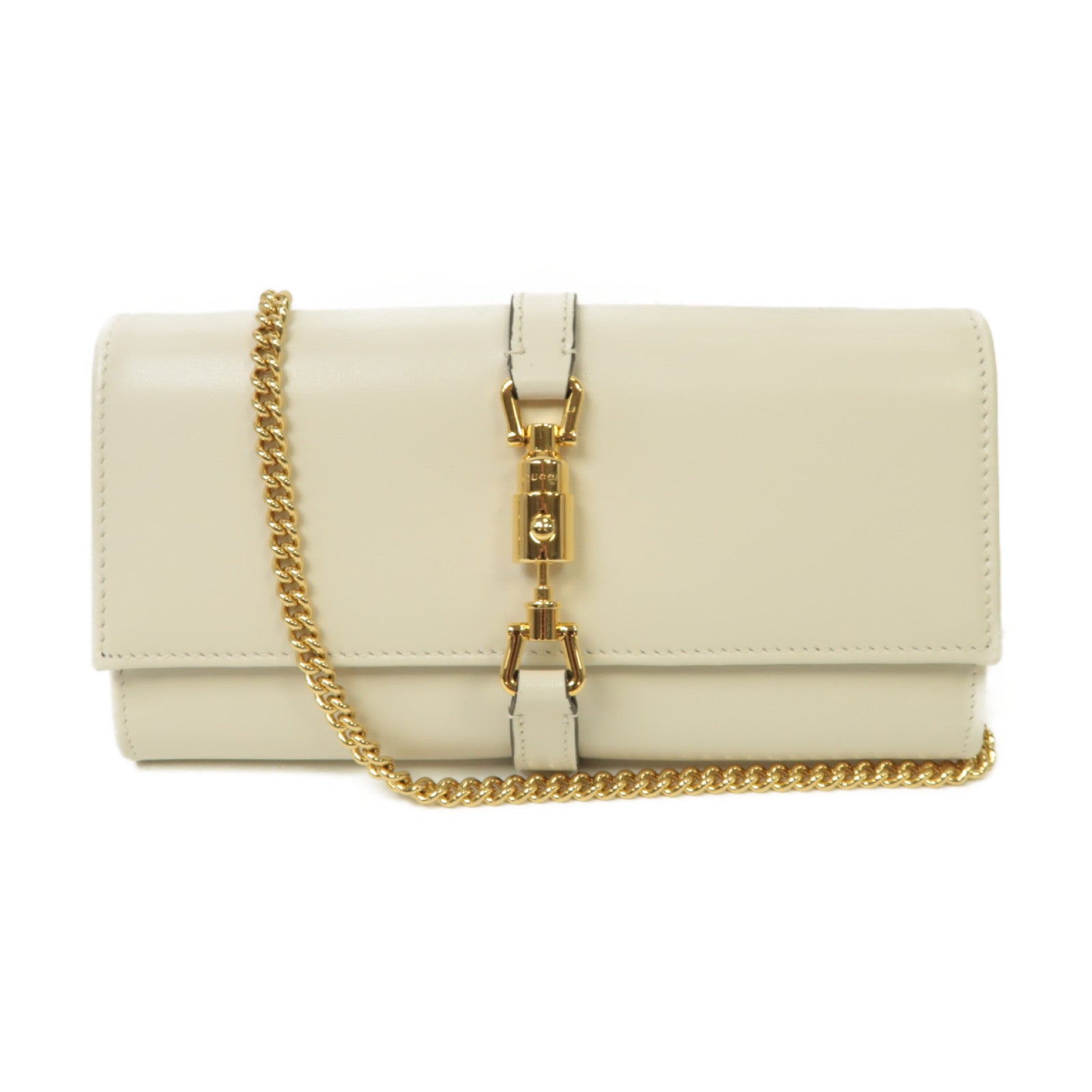 GUCCI 牛皮皮革Wallet On Chain Shoulder Bag金扣鏈帶肩背袋白色