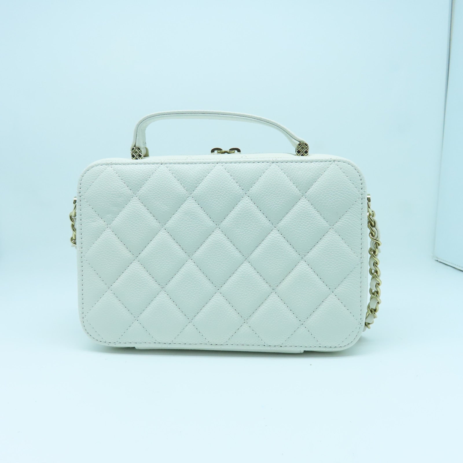 CHANEL 菱格Caviar皮革2way Shoulder bag金扣手挽肩背兩用袋白色