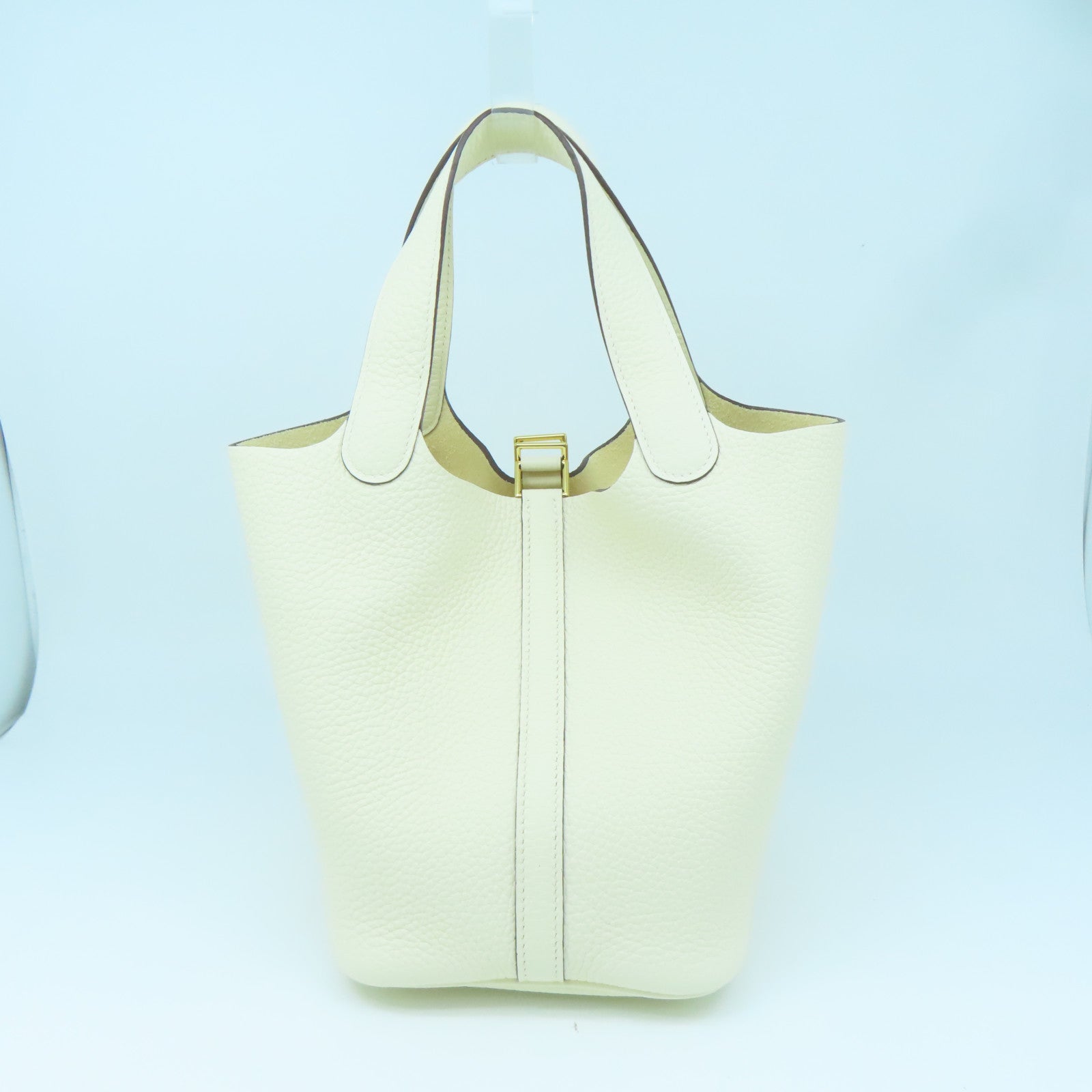 HERMES Taurillon Clemence Leather Picotin PM Gold Buckle Handle Bag White