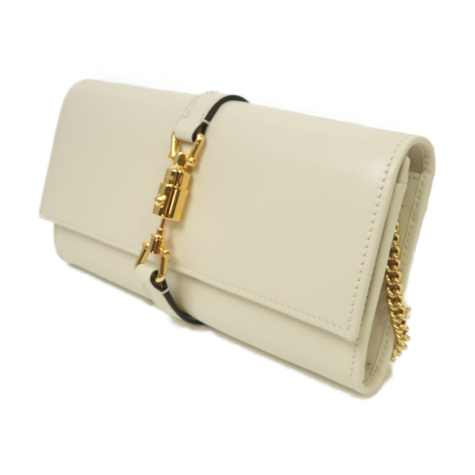GUCCI 牛皮皮革Wallet On Chain Shoulder Bag金扣鏈帶肩背袋白色