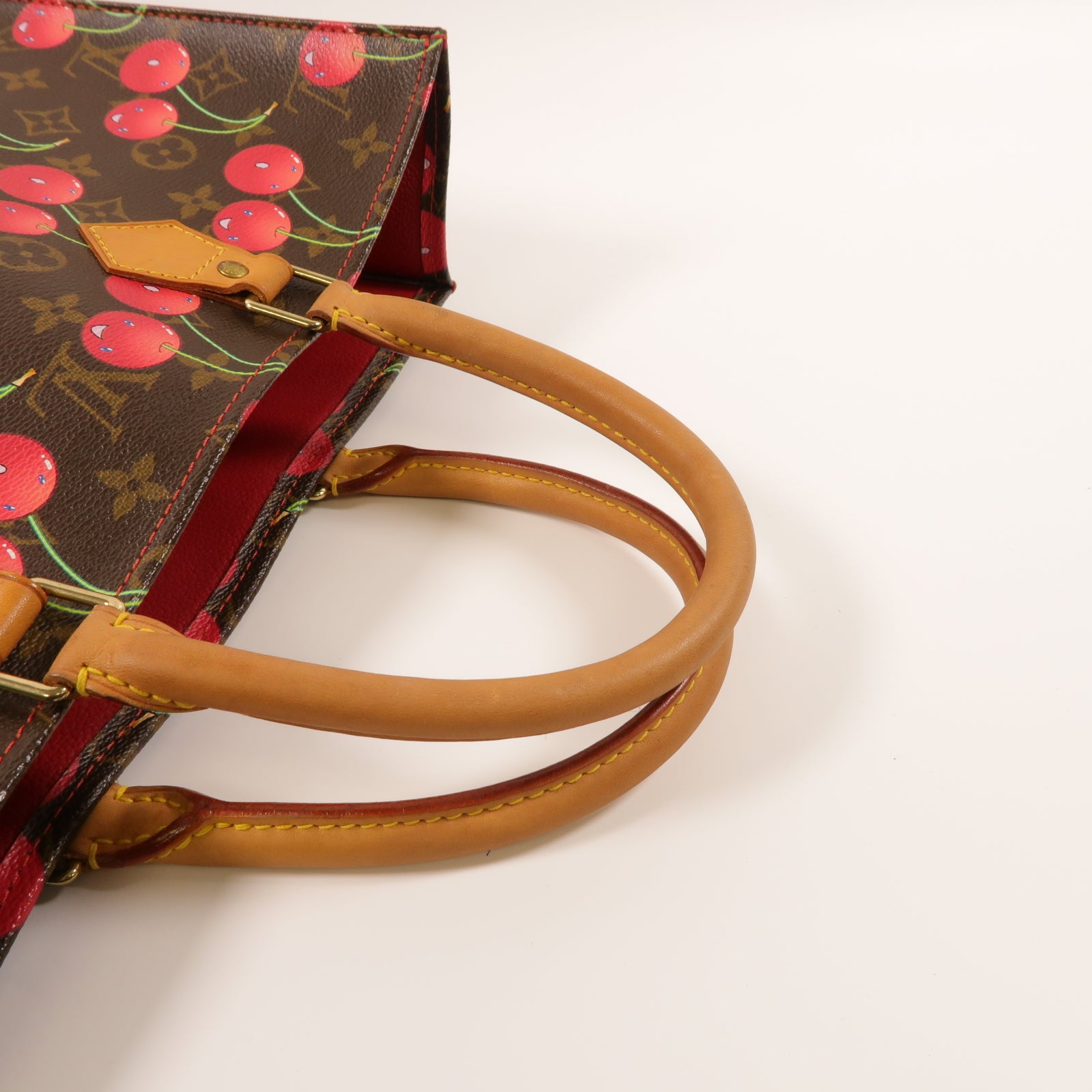 LOUIS VUITTON Monogram Sac Plat Cherry金扣手挽袋啡色/紅色