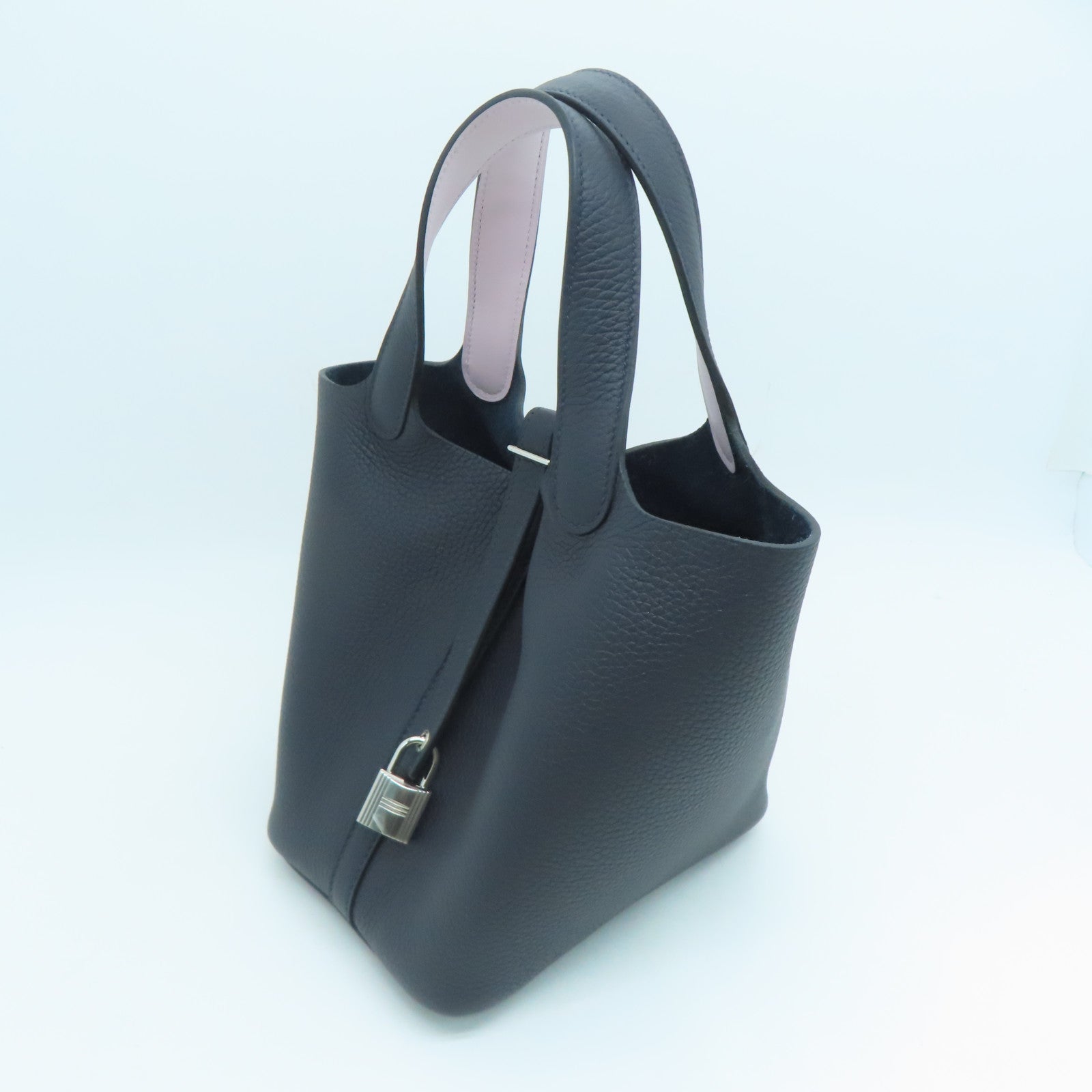 HERMES Taurillon Clemence Leather Picotin PM Gold Buckle Handle Bag Navy Black/Light Lilac