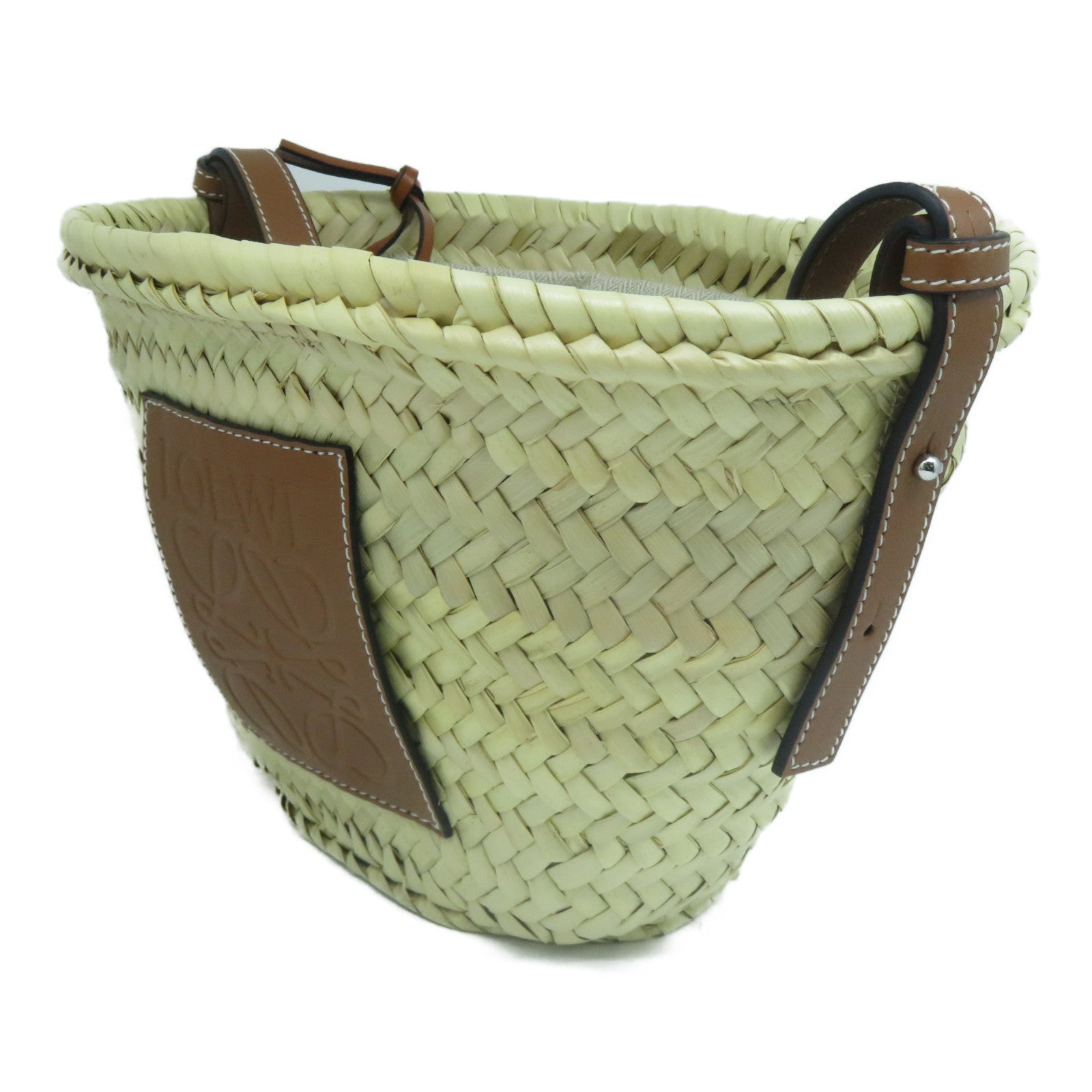 LOEWE 酒椰/皮革Basket銀扣肩背袋淺黃色/啡色