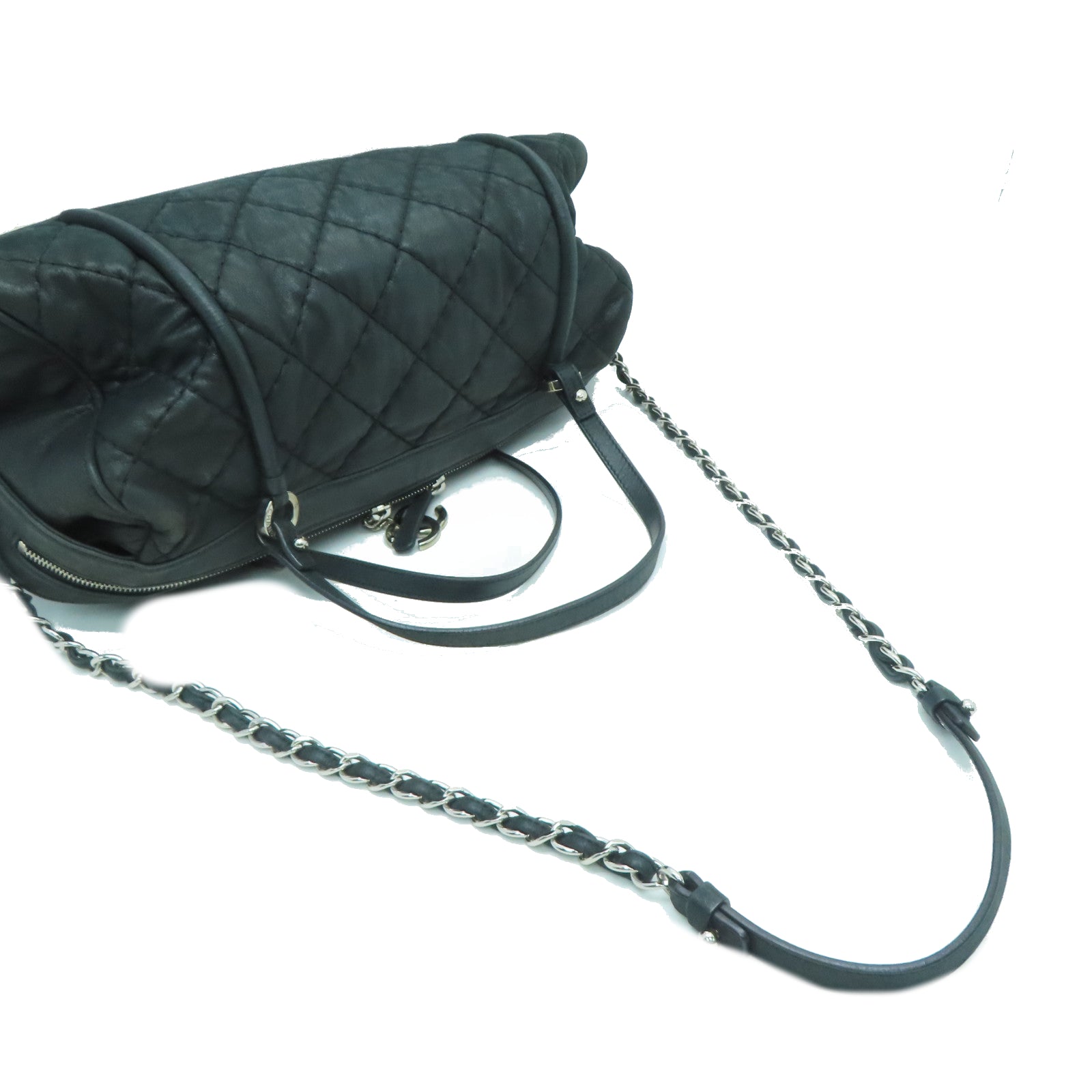 CHANEL 【激減優惠】菱格牛皮皮革Chain Shoulder銀扣手挽肩背兩用袋黑色