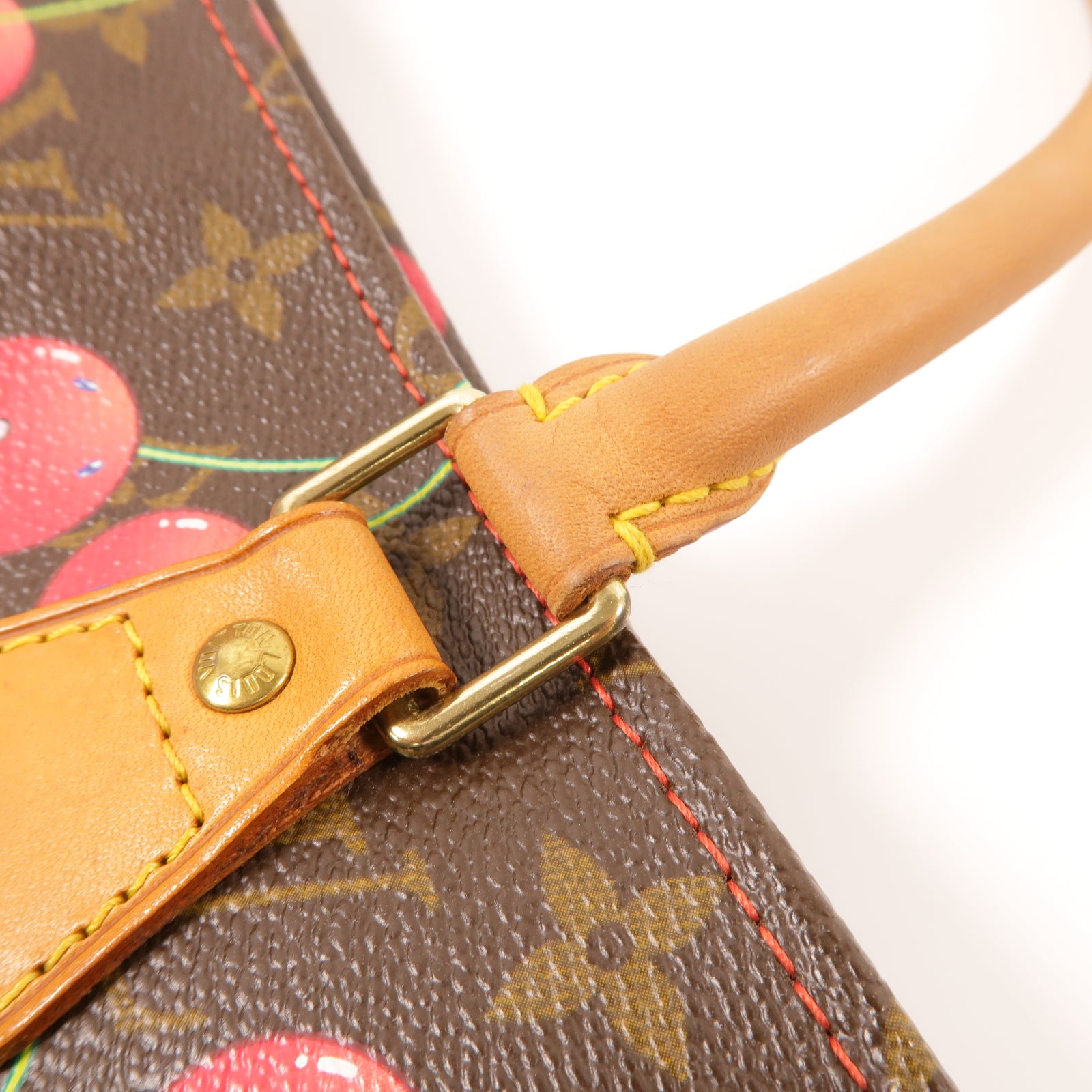 LOUIS VUITTON Monogram Sac Plat Cherry金扣手挽袋啡色/紅色