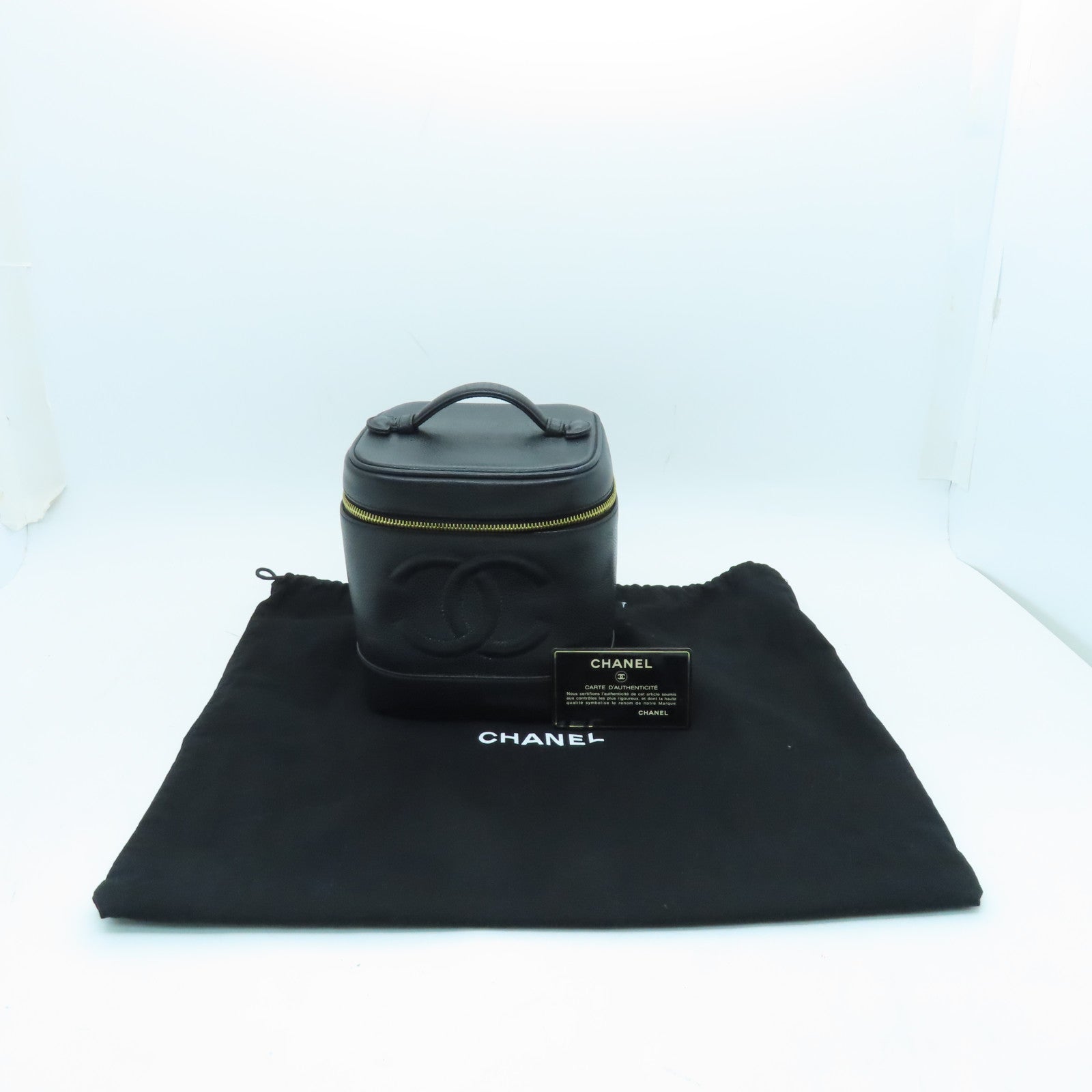 CHANEL cowhide leather Vintage Vanity Case Bag gold buckle handle bag black