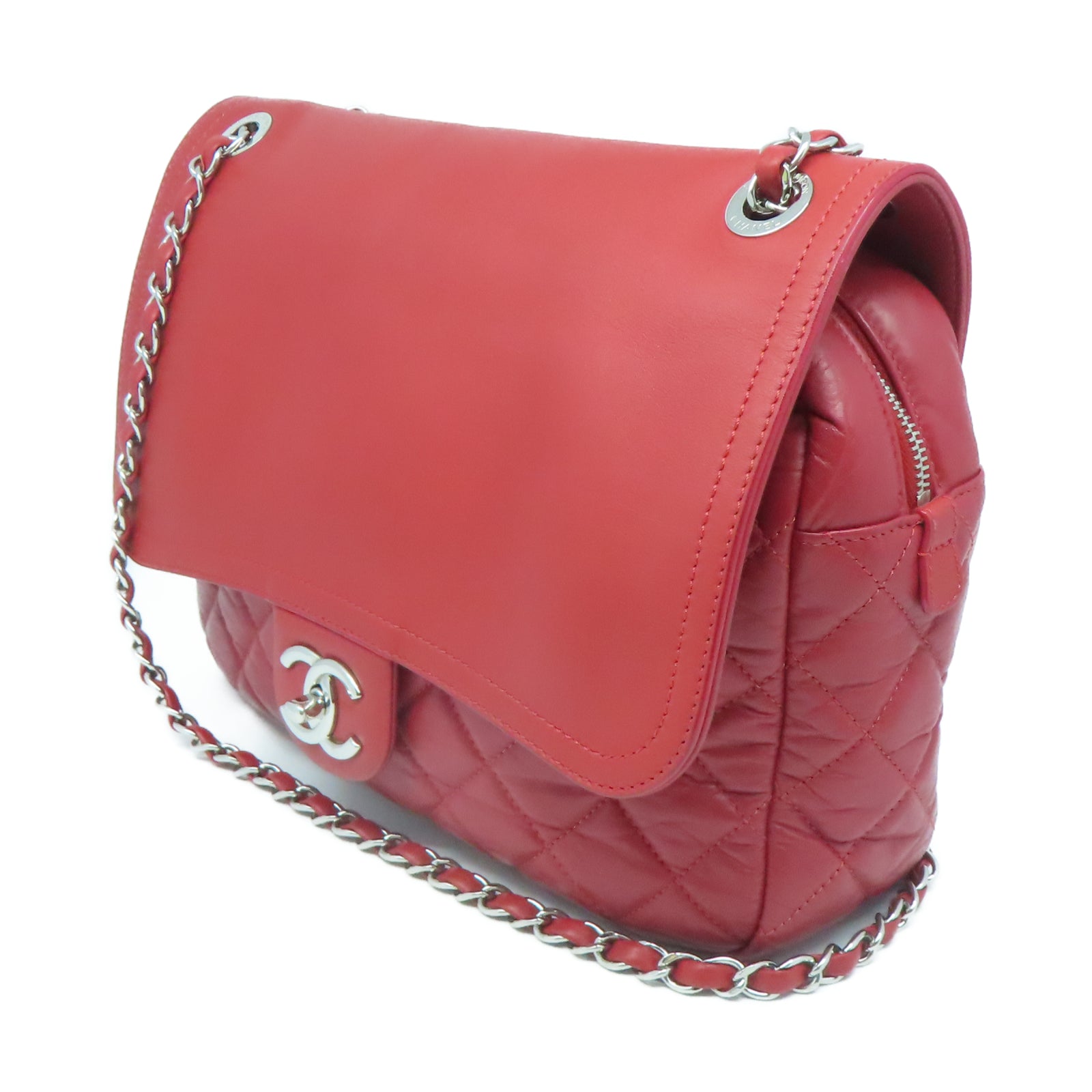 CHANEL 羊皮皮革Shoulder Bag銀扣肩背袋紅色