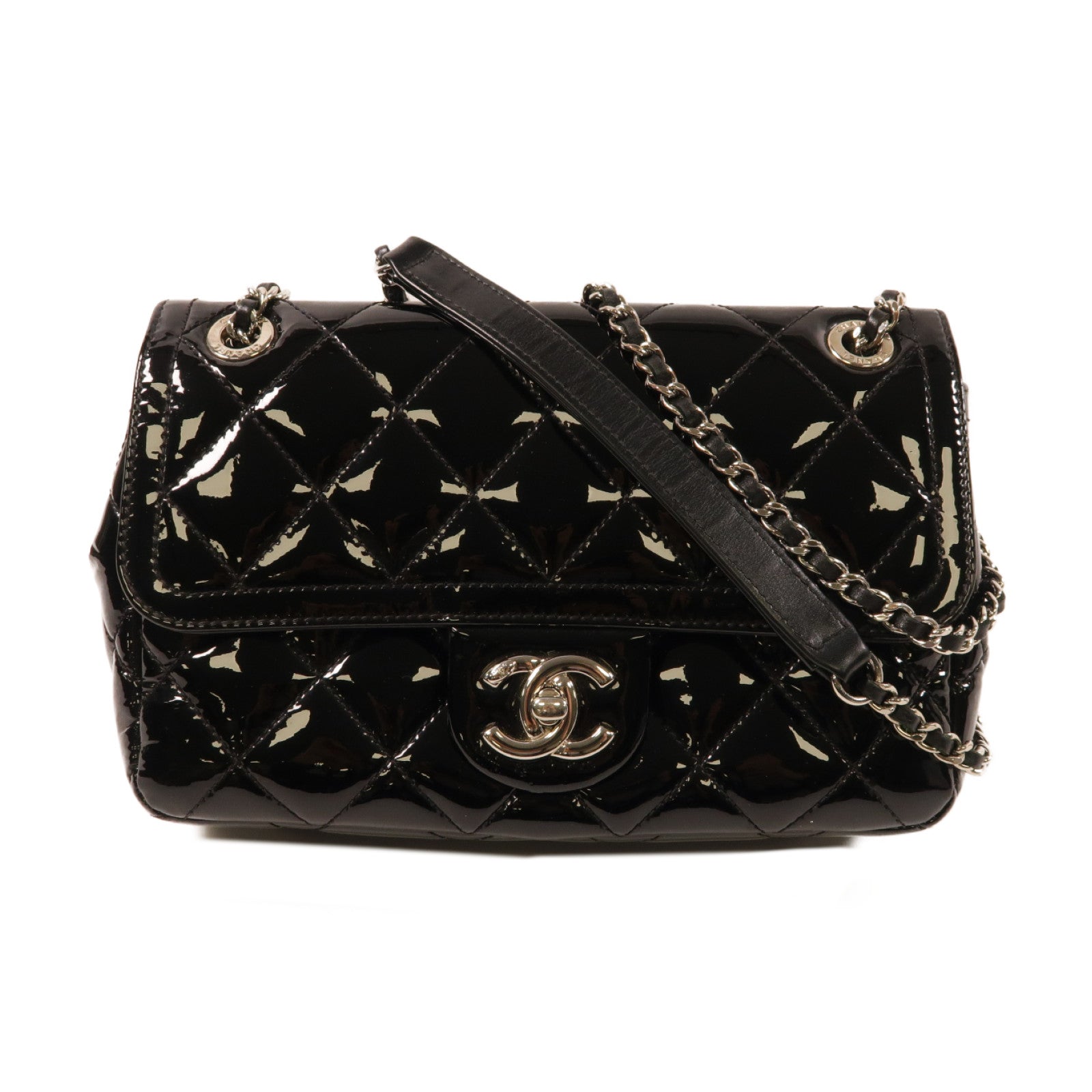 CHANEL 菱格漆皮皮革Chain Shoulder銀扣鏈帶肩背袋黑色