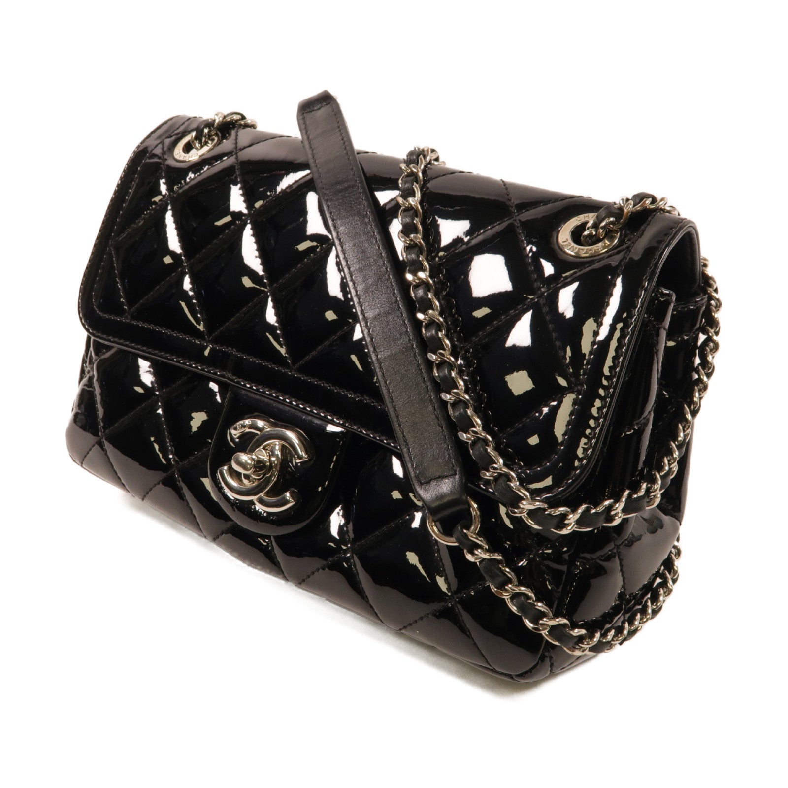 CHANEL 菱格漆皮皮革Chain Shoulder銀扣鏈帶肩背袋黑色