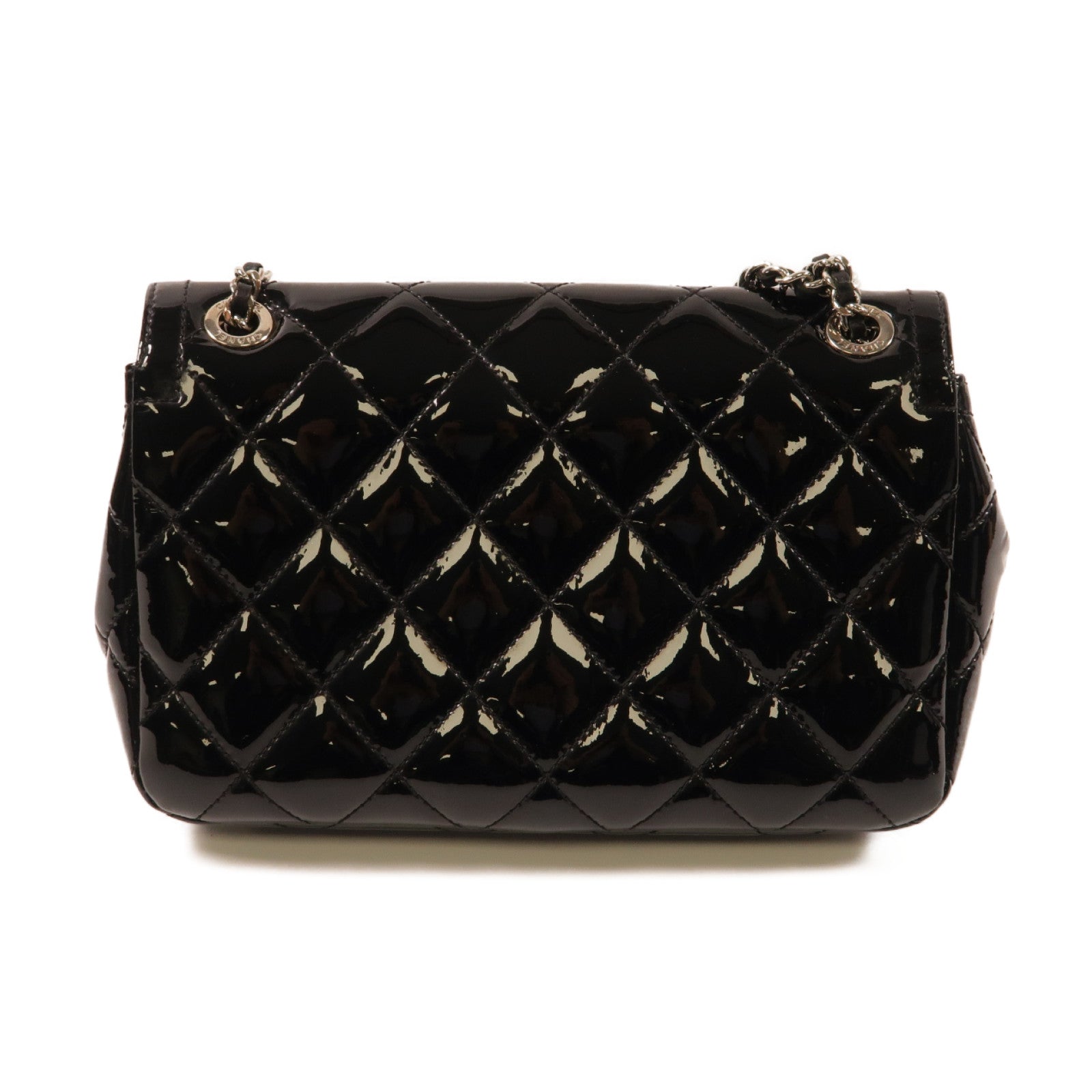 CHANEL 菱格漆皮皮革Chain Shoulder銀扣鏈帶肩背袋黑色