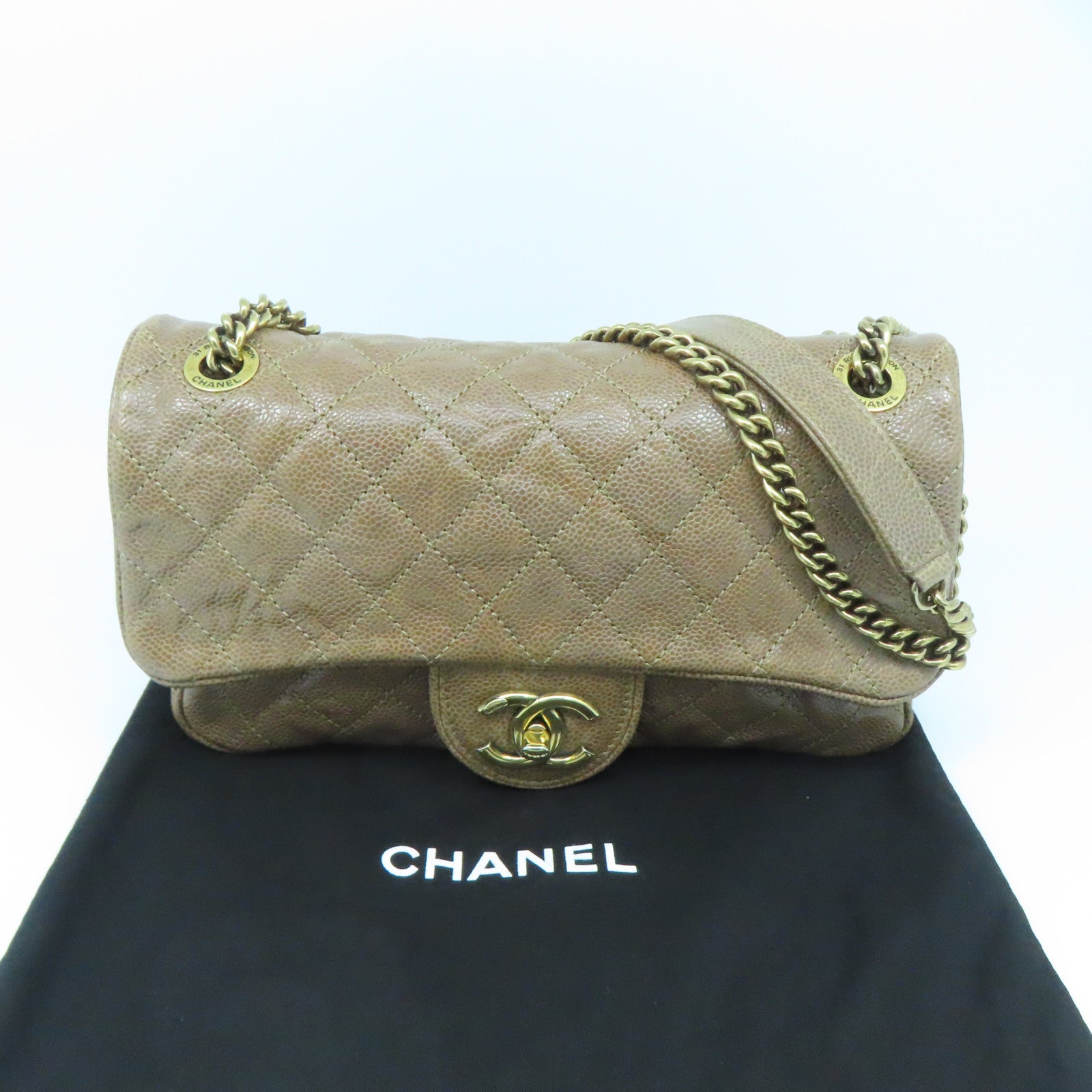 CHANEL 菱格Caviar皮革Chain Shoulder Bag金扣链带肩背袋米色