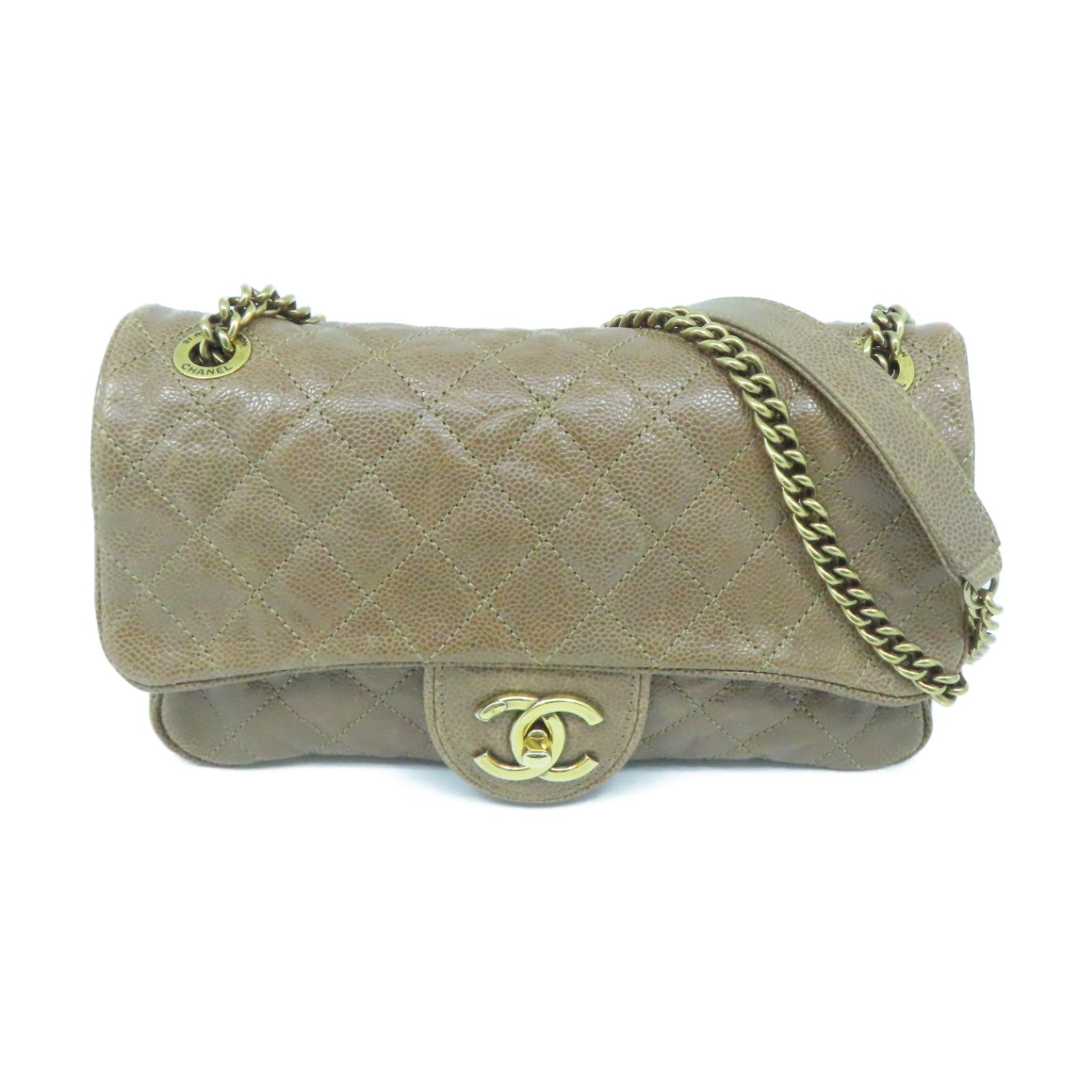 CHANEL 菱格Caviar皮革Chain Shoulder Bag金扣链带肩背袋米色