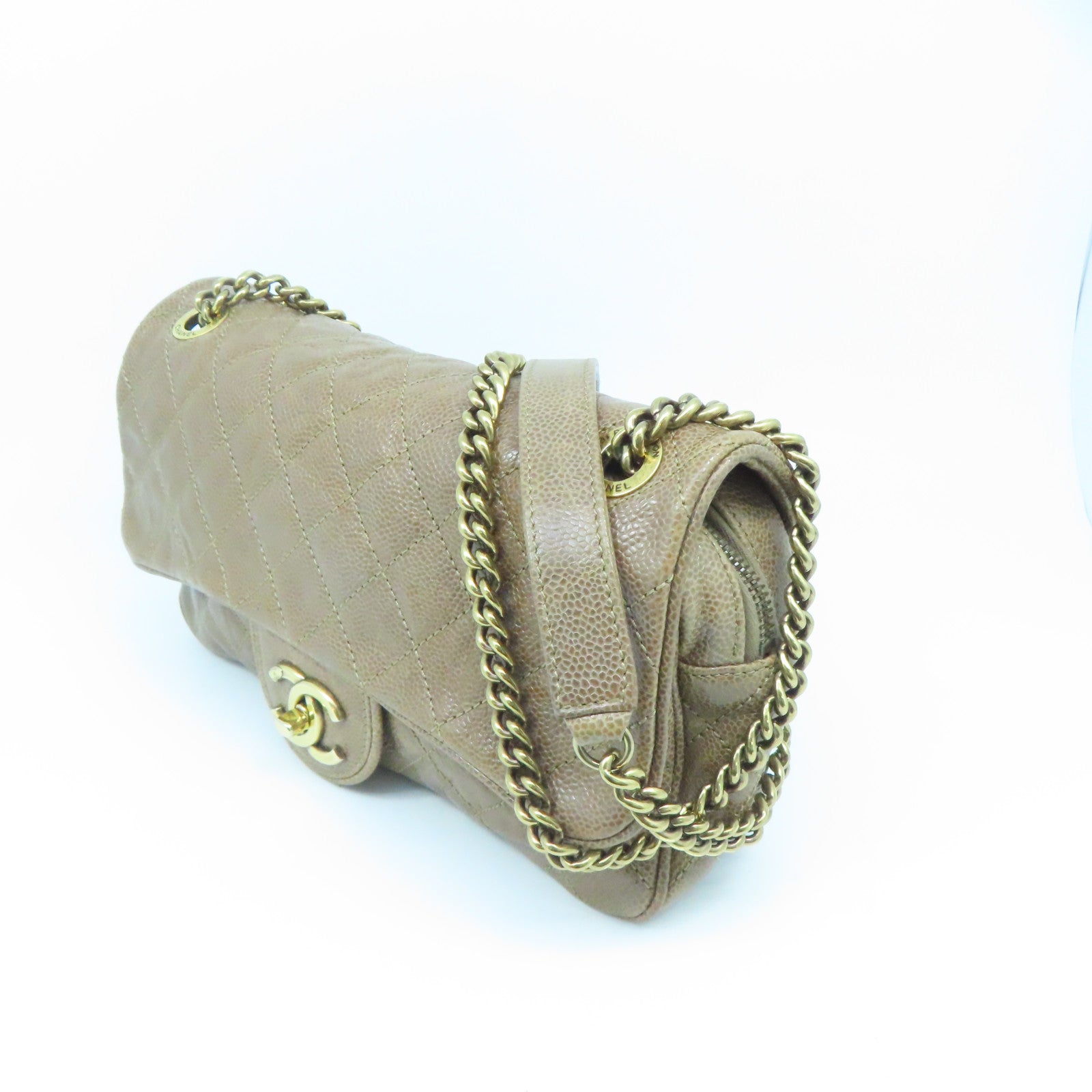 CHANEL 菱格Caviar皮革Chain Shoulder Bag金扣链带肩背袋米色