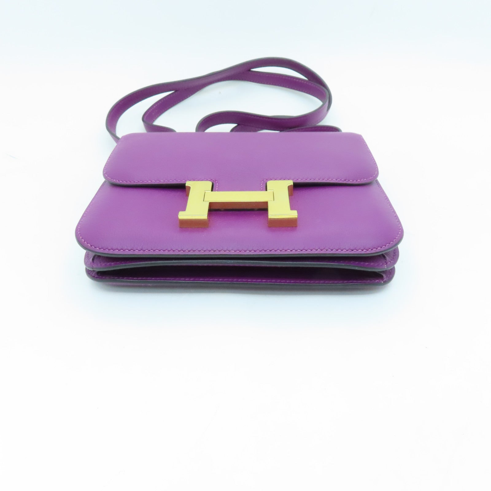 HERMES Evercolor Leather Constance Mini Gold Buckle Shoulder Bag Anemone Purple