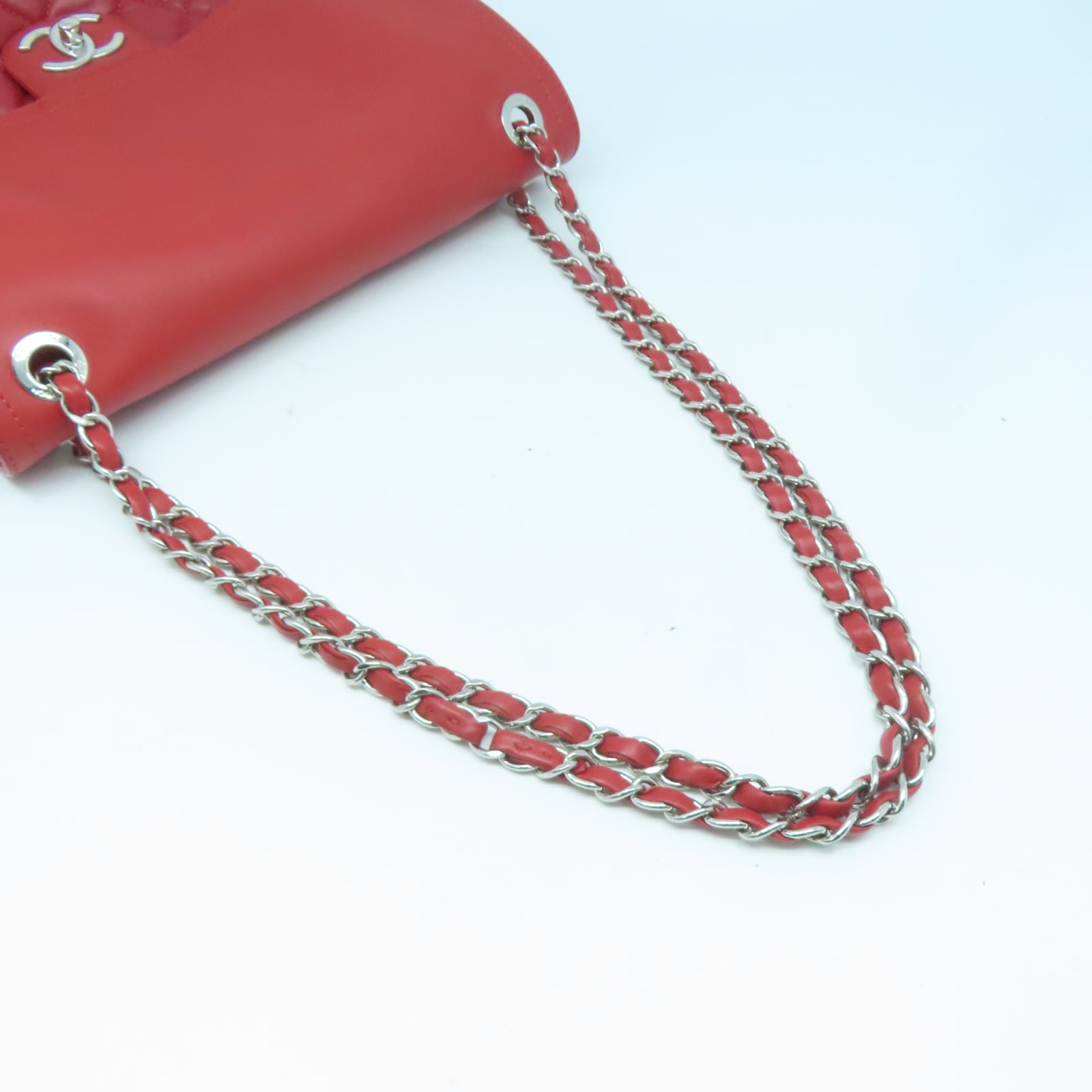 CHANEL 羊皮皮革Shoulder Bag銀扣肩背袋紅色