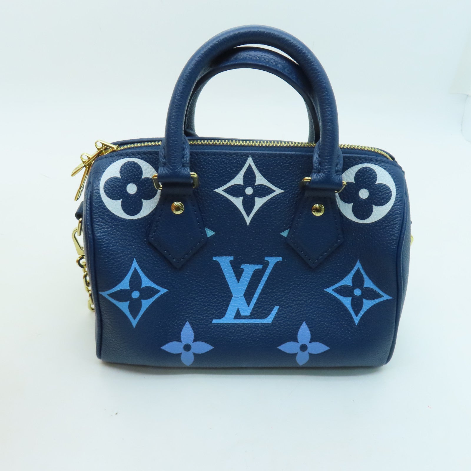 LOUIS VUITTON Monogram Empreinte Speedy Bandouliere 20 gold buckle handle shoulder bag blue