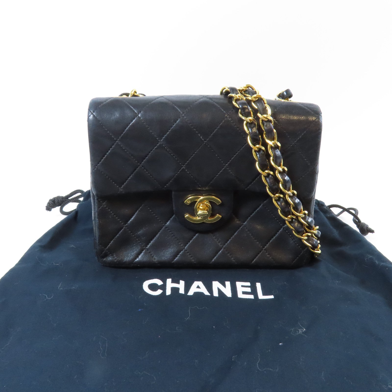 CHANEL 菱格羊皮皮革Chain Shoulder Bag金扣鏈帶肩背袋黑色
