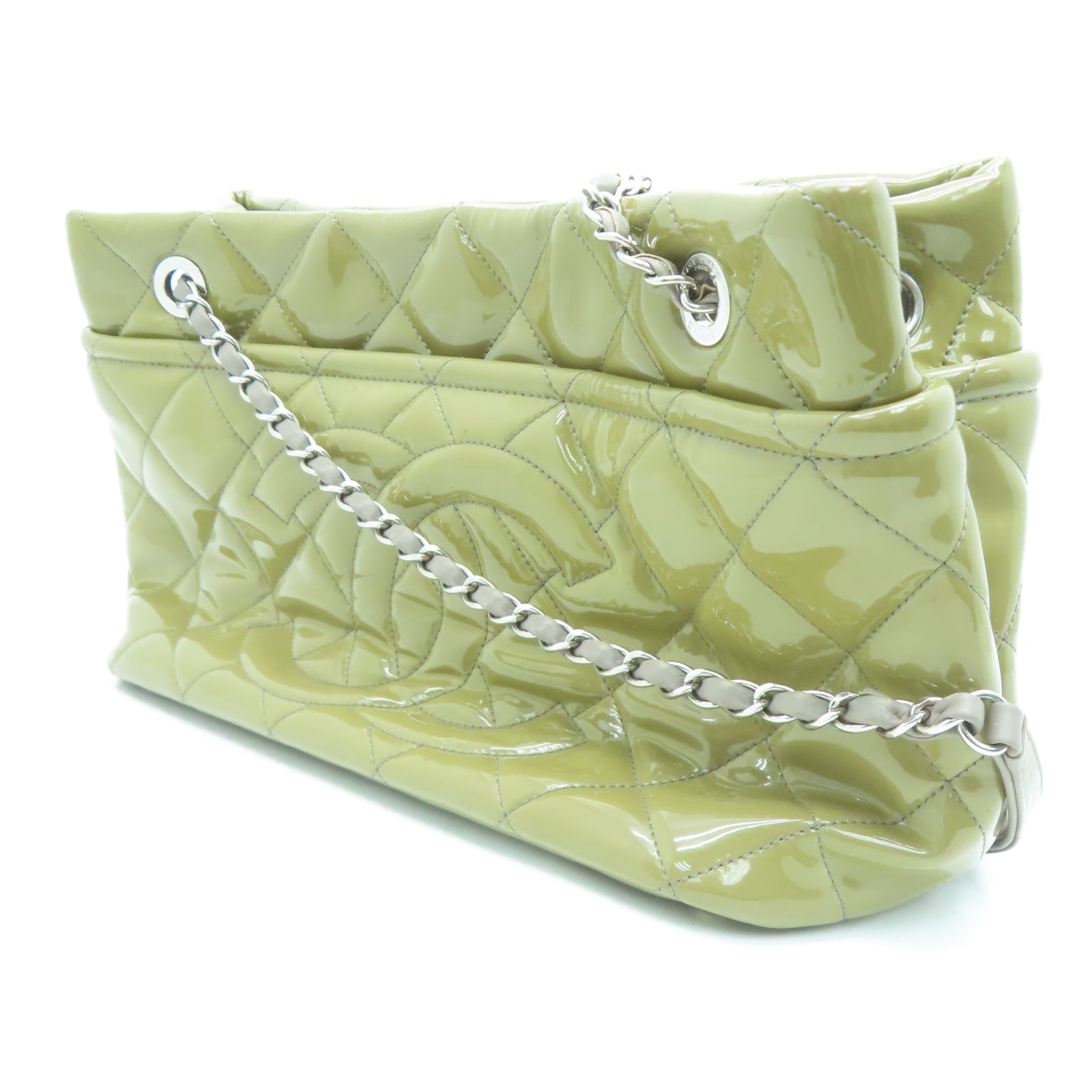 CHANEL 【激減優惠】菱格漆皮皮革Chain Shoulder銀扣鏈帶肩背袋棕色