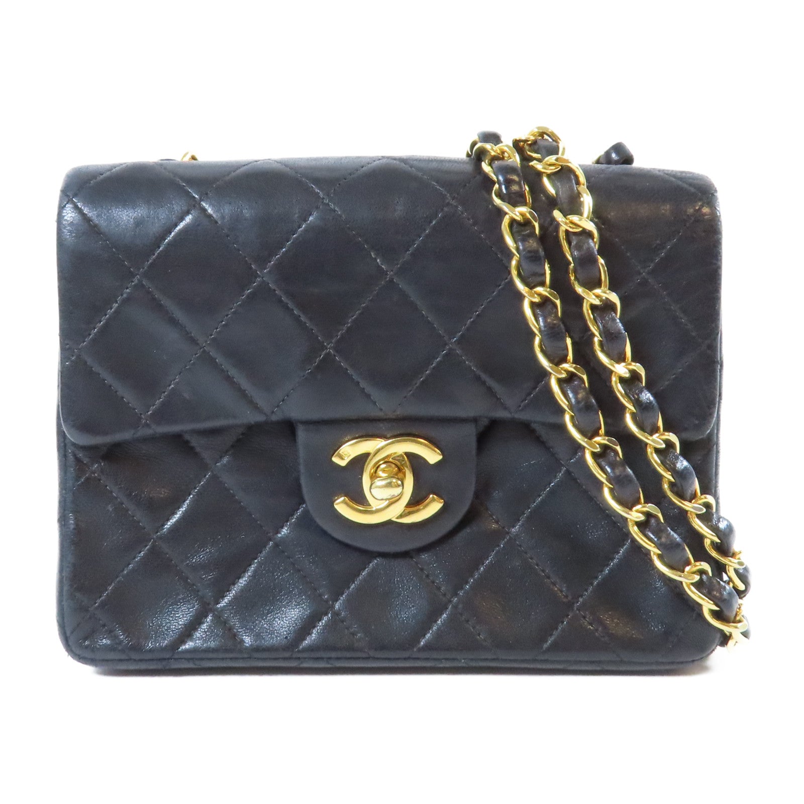 CHANEL 菱格羊皮皮革Chain Shoulder Bag金扣鏈帶肩背袋黑色