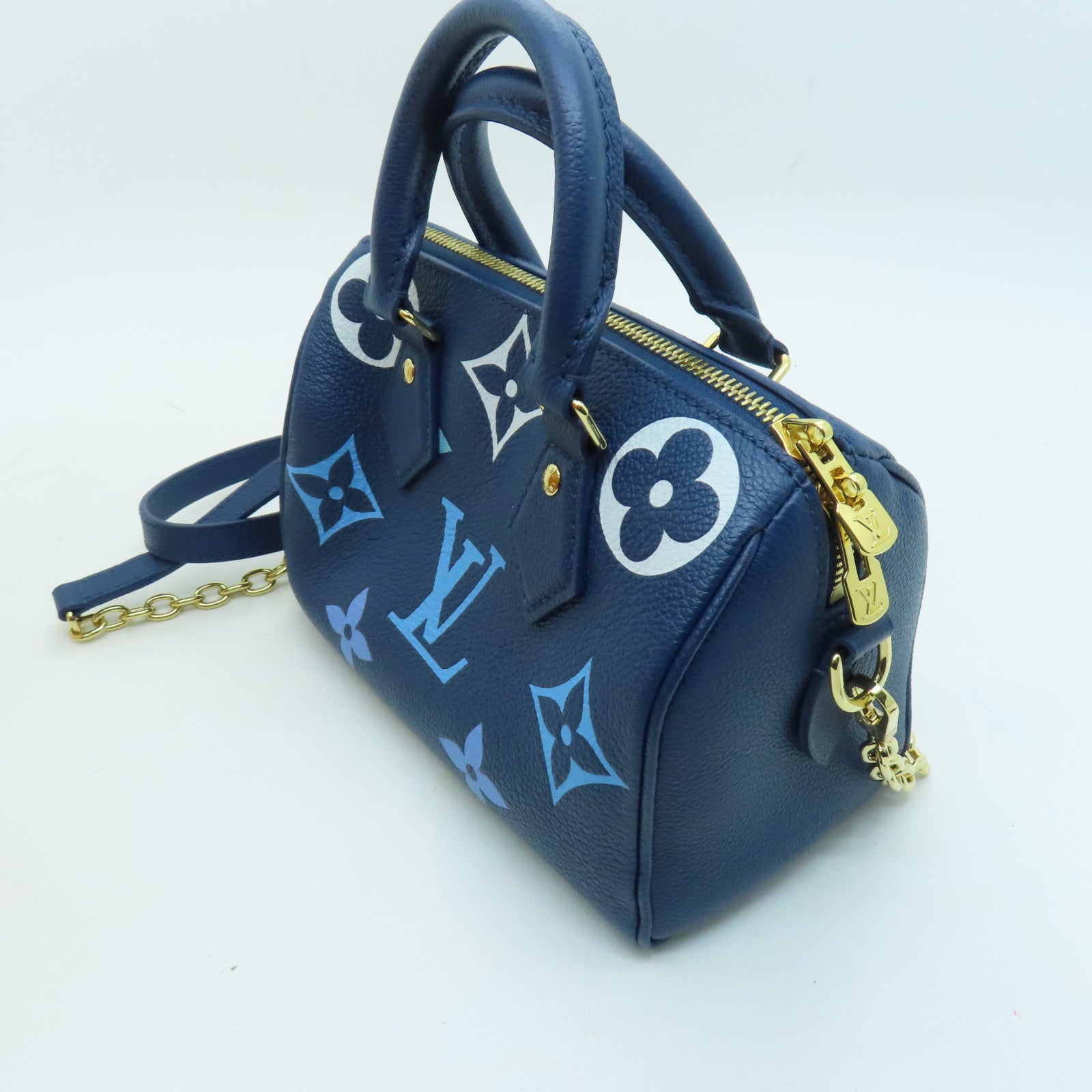 LOUIS VUITTON Monogram Empreinte Speedy Bandouliere 20 gold buckle handle shoulder bag blue