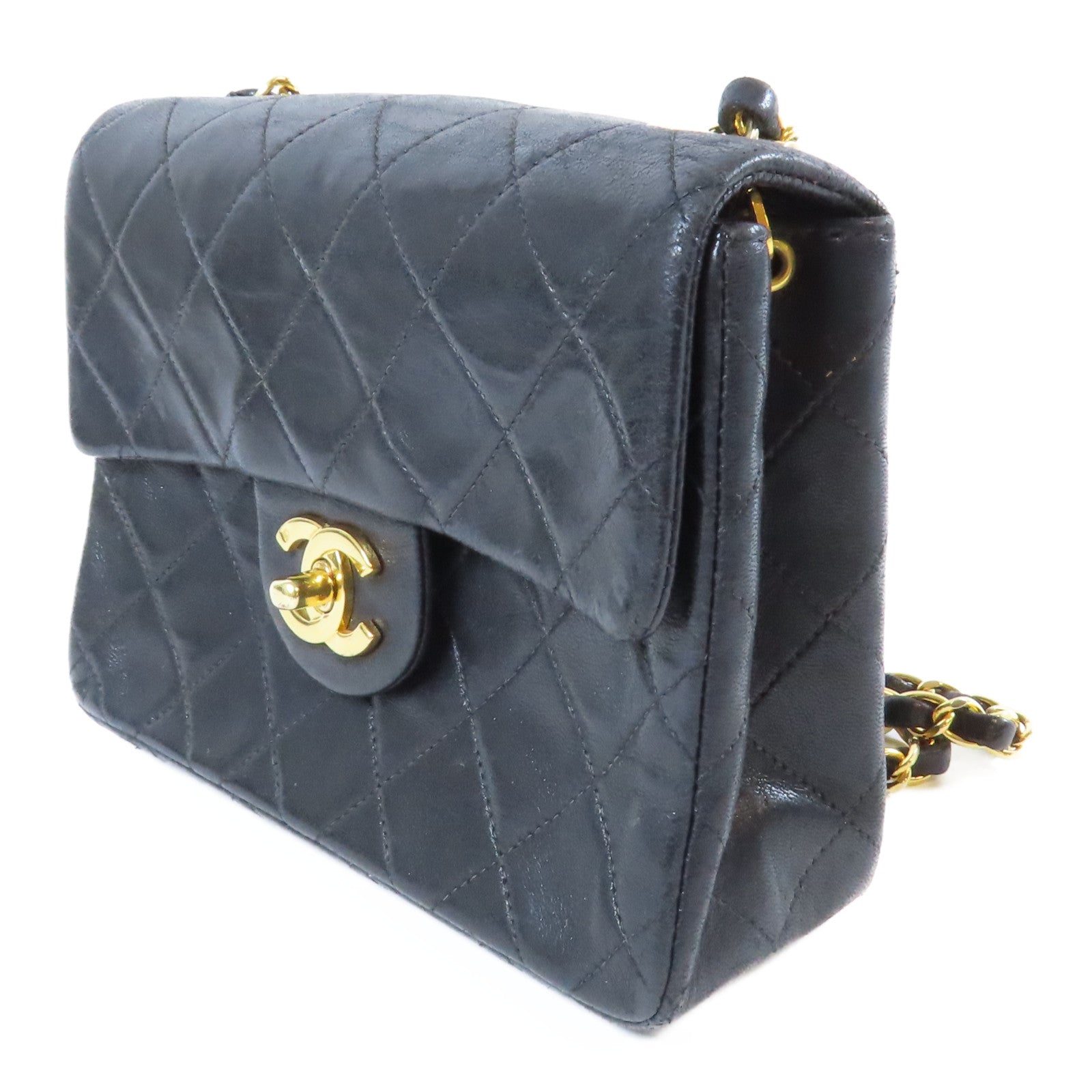 CHANEL 菱格羊皮皮革Chain Shoulder Bag金扣鏈帶肩背袋黑色