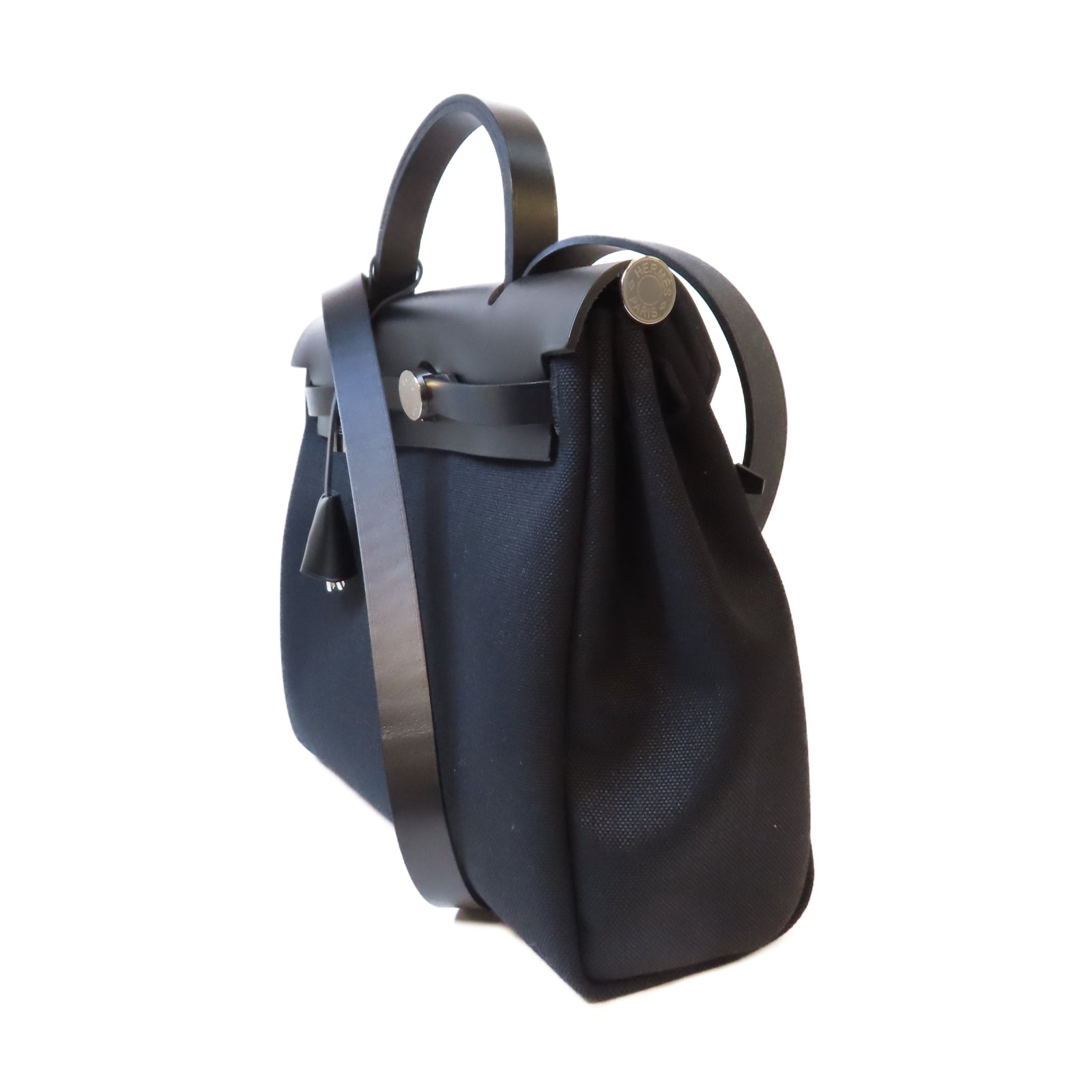 HERMES 帆布Herbag PM銀扣手挽肩背兩用袋Noir黑色