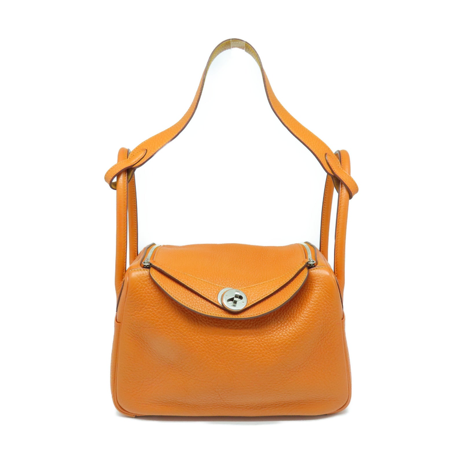 HERMES Taurillon Clemence皮革Lindy 26银扣手挽肩背两用袋橙色
