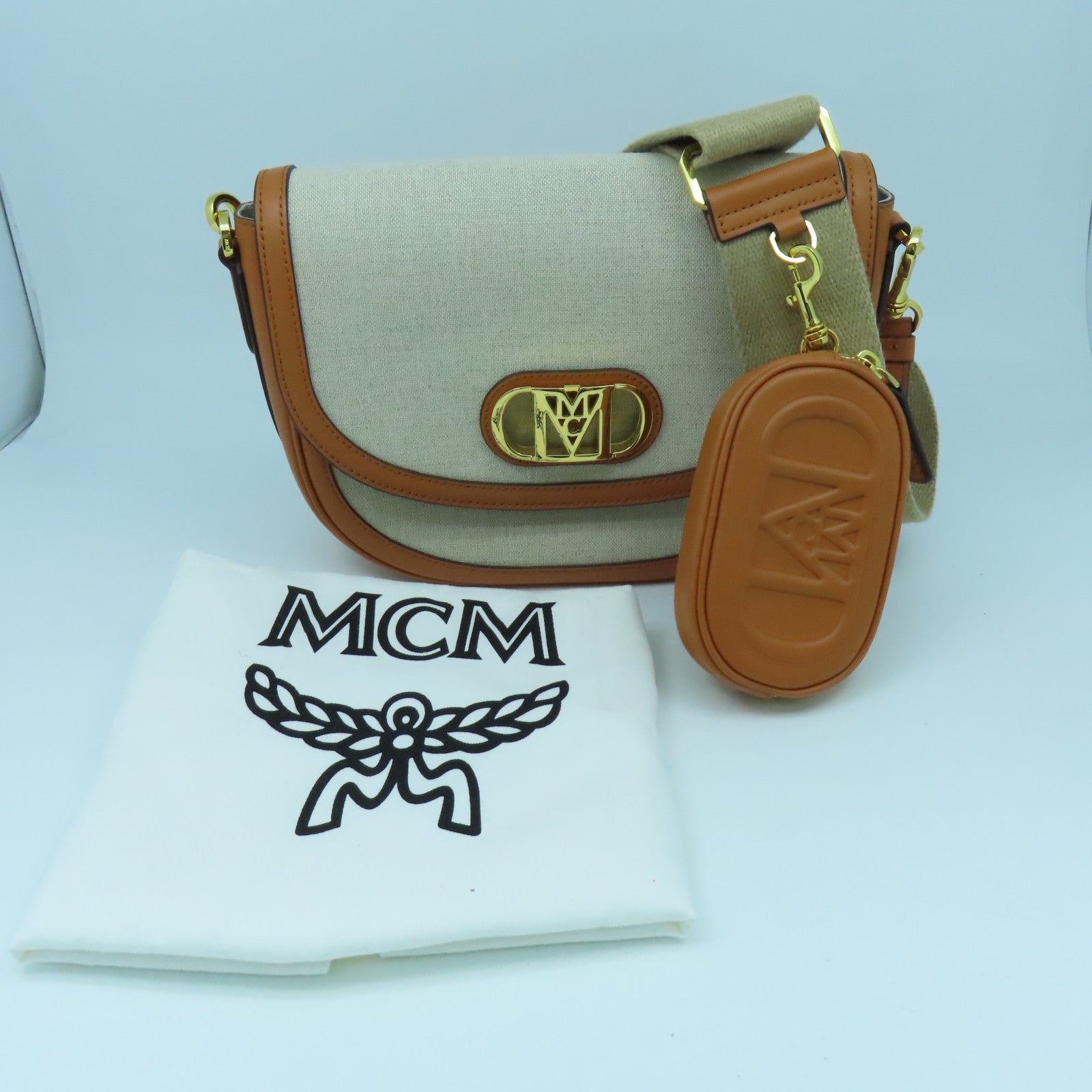 MCM 帆布/牛皮皮革Shoulder Bag金扣肩背袋啡色