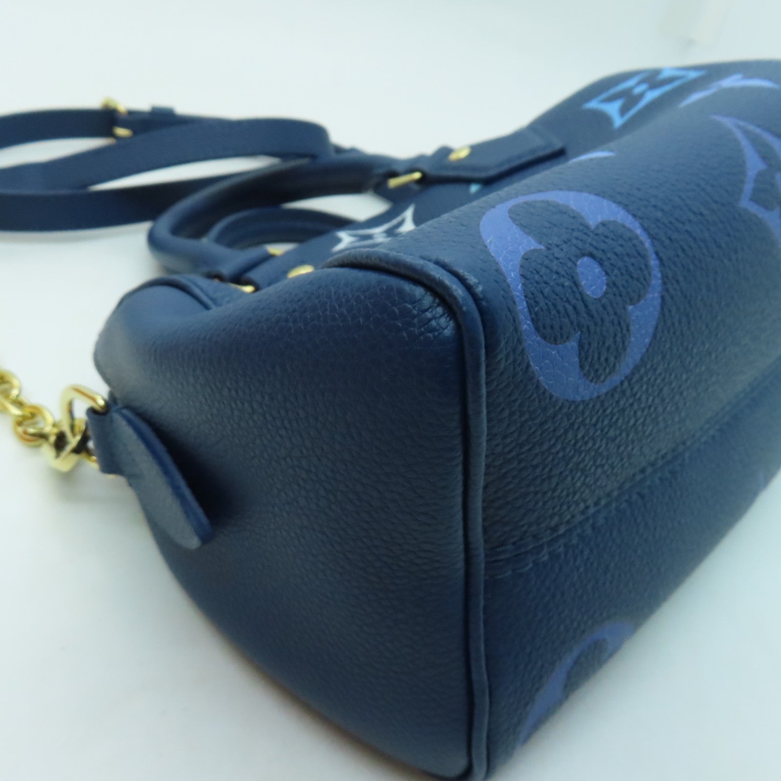 LOUIS VUITTON Monogram Empreinte Speedy Bandouliere 20 gold buckle handle shoulder bag blue