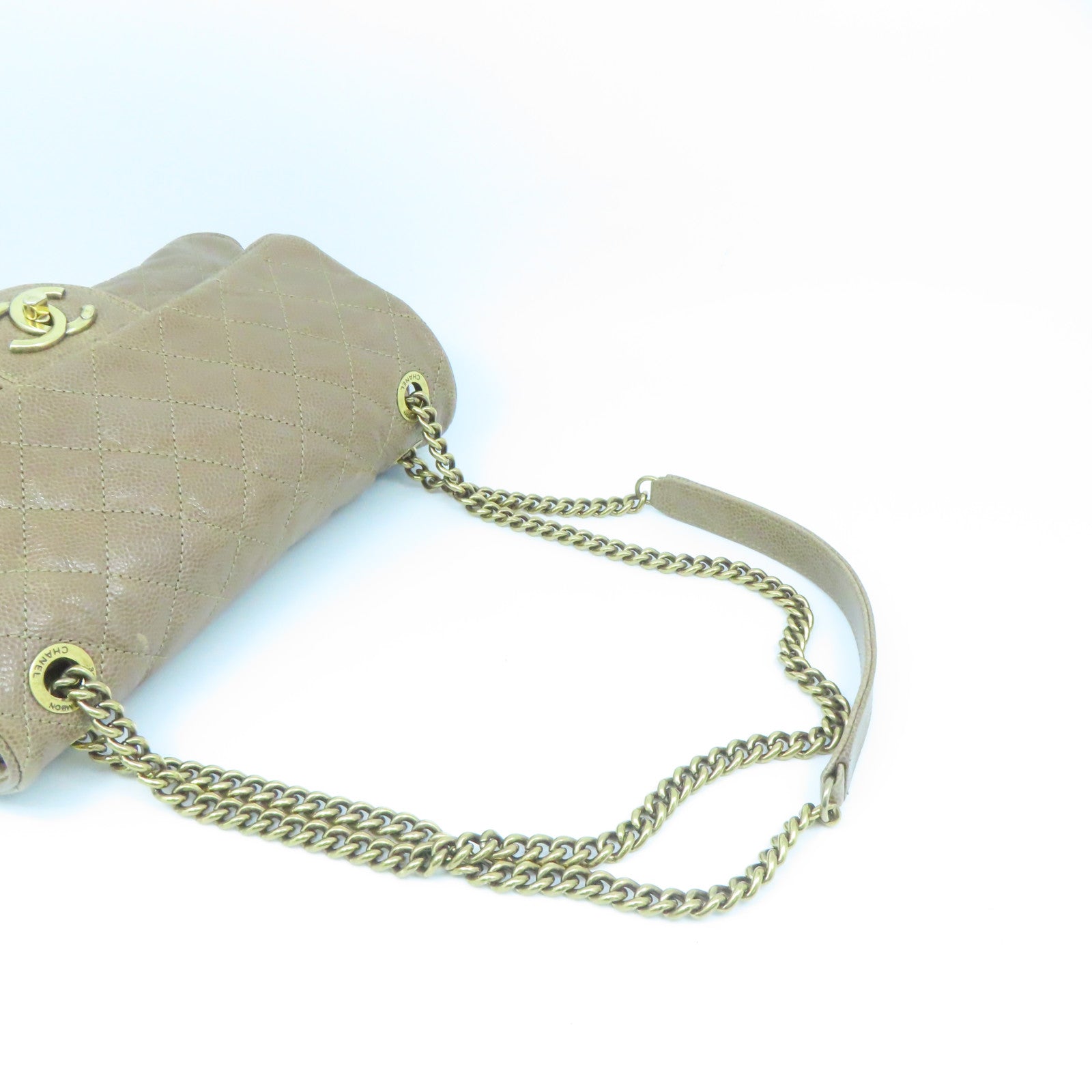 CHANEL 菱格Caviar皮革Chain Shoulder Bag金扣链带肩背袋米色